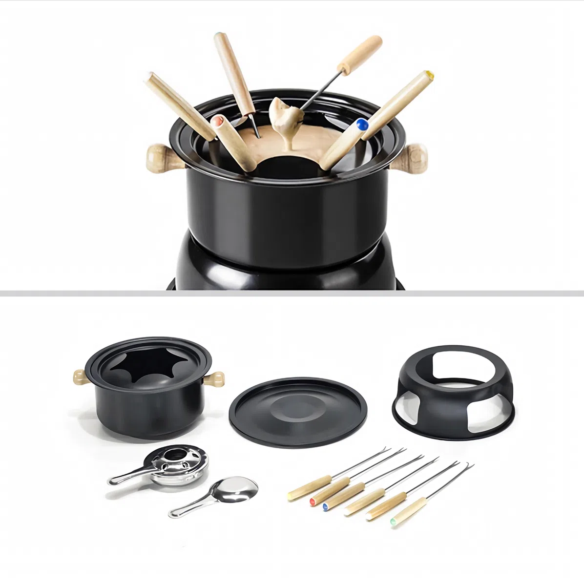 Set Fonduta per Cioccolato Formaggio Carne Bourguignon Acciaio e Manici in Legno con Bruciatore 1 Litro con Forchettine Incluse 6 Persone Base 20cm Pentola 18cm
