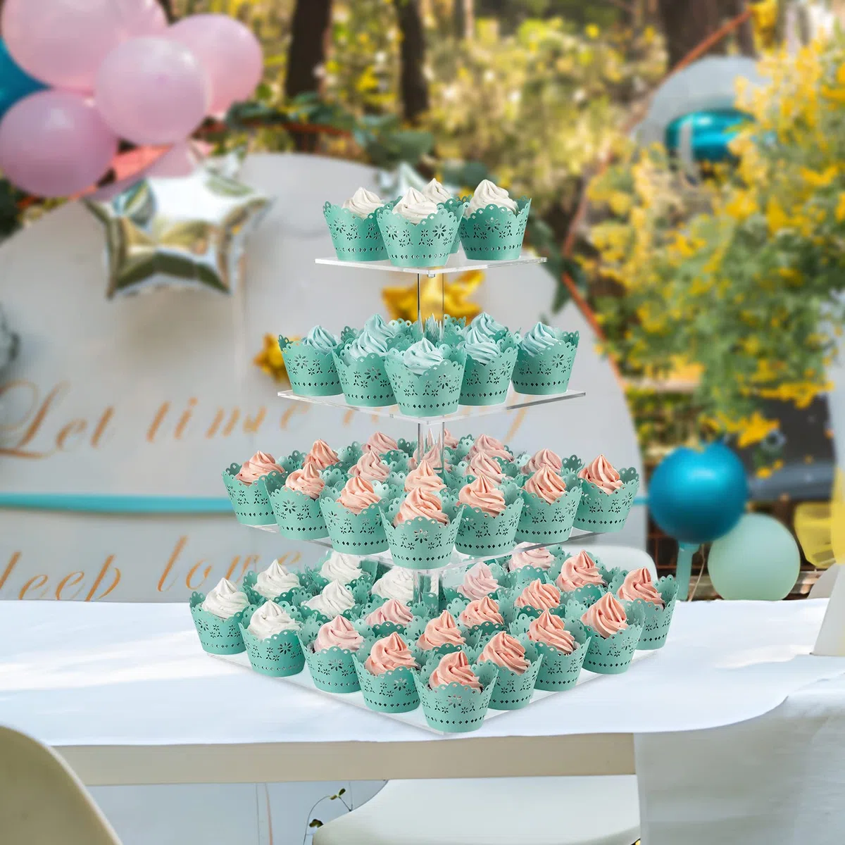 CECOLIC Alzata per Cupcake a 4 Livelli Porta Cupcake Quadrato in Acrilico Trasparente Espositore per Torte Torre per Dessert per Decorazioni per Feste di Compleanno di Matrimoni (Quadrato - 30,5 cm)