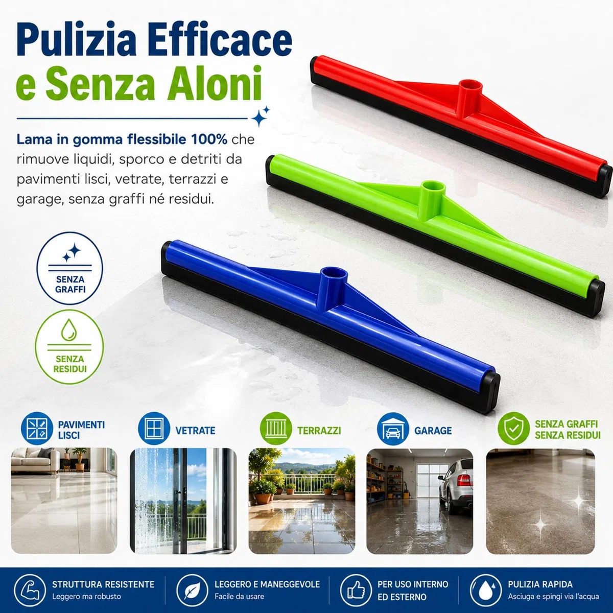 Set 3 Tira Acqua Pavimenti 44 cm – Spingiacqua in Gomma per Pavimenti Lisci – 3 Colori Assortiti – Attacco Standard Ø2.2 cm – Uso Domestico e Professionale – Cod. 2387611/65591
