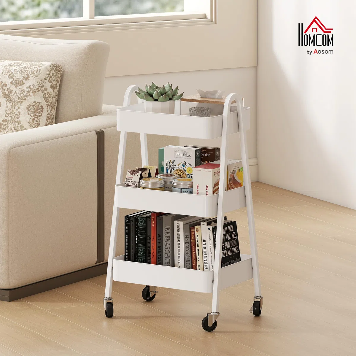 HOMCOM Carrello da Cucina a 3 Livelli con Ruote Girevoli e Maniglie, Carrello Portaoggetti Multiuso con Freni per Salotto, Soggiorno e Bagno, 42.4x29.8x74.5 cm, Bianco