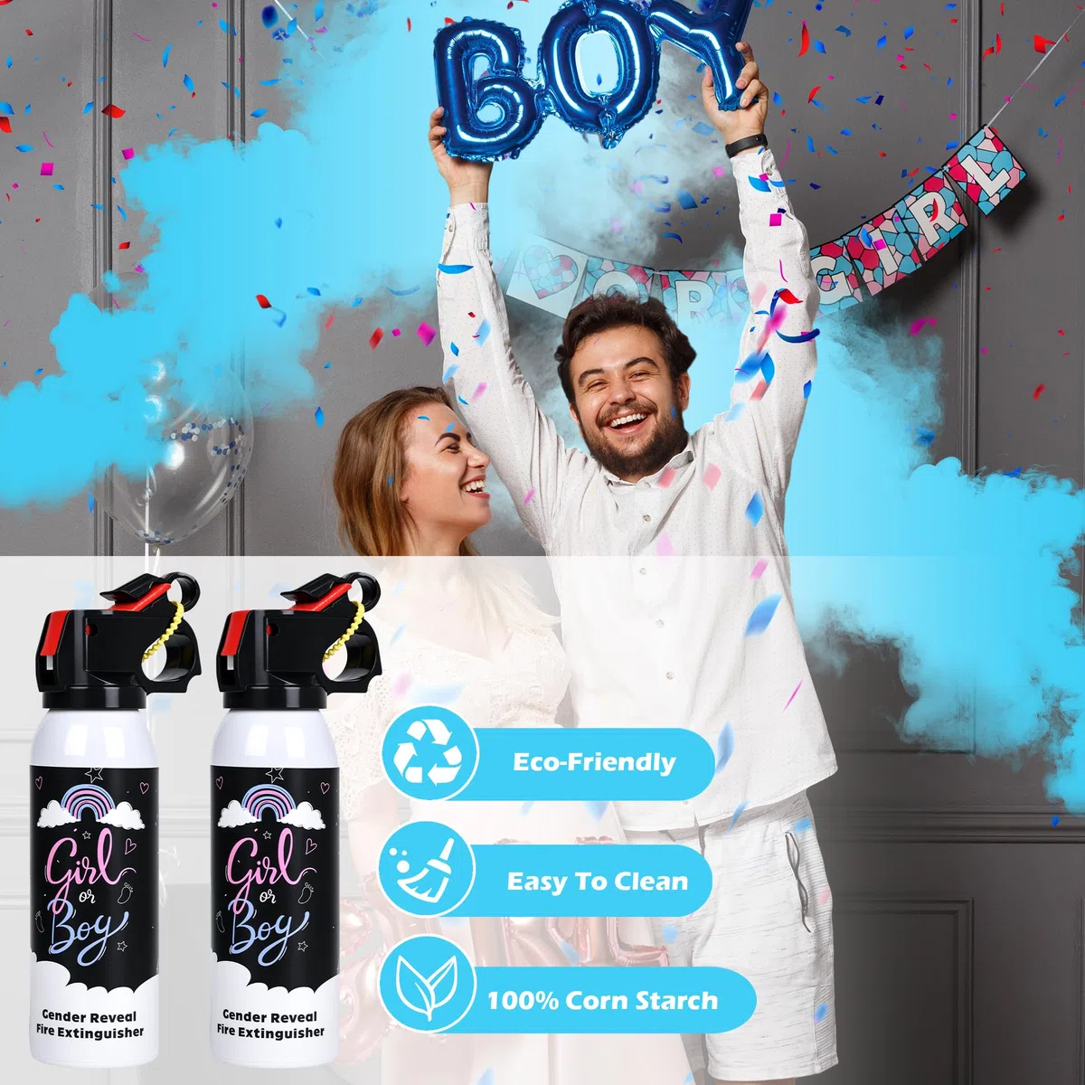 Baby Gender Reveal Fire Extinguisher; Spray Colorato con Polvere Fumogena; Idea per una Festa di Rivelazione del Genere del Bambino Sicura al 100% ed Ecologica (blue)