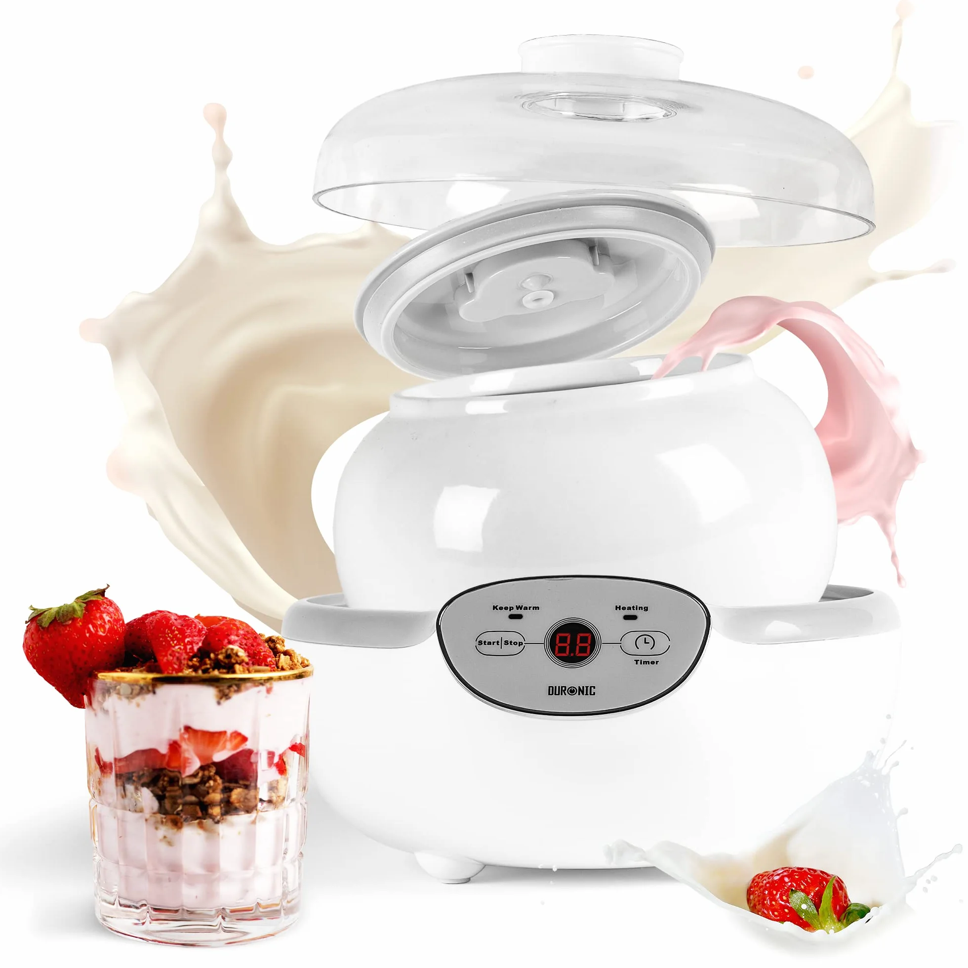 Duronic YM1 Yogurtiera elettrica automatica – 1 vasetto in ceramica da 1.5 litri - Macchina per yogurt con display digitale timer impostabile - Ideale per preparare yogurt fatti in casa