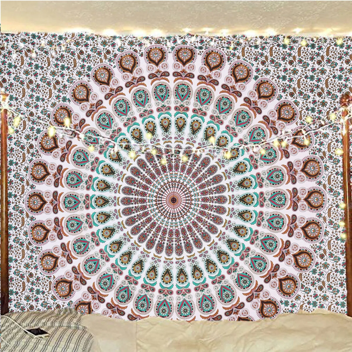 Bless International Arazzo da appendere alla parete o per biancheria da letto, stile hippie indiano, bohémien, psichedelico, pavone, mandala (floreale oro, king size, 225 x 265 cm)