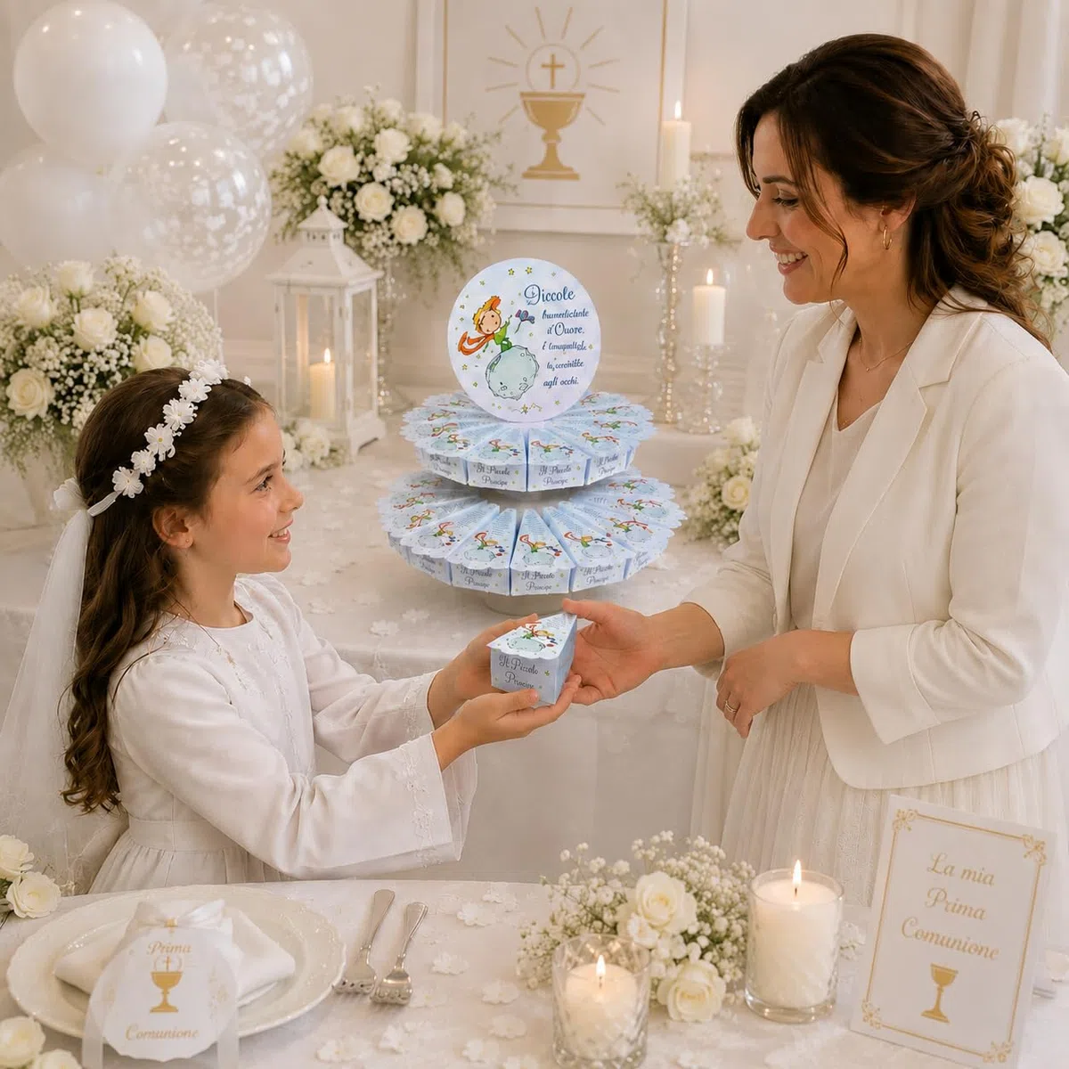 Regalami.Shop 30 Scatoline Portaconfetti Piccolo Principe per Battesimo, Comunione o Laurea, Complete di Bigliettino e Espositore Torta, Bomboniere per Confetti e Ricordini Evento (Piccolo p)