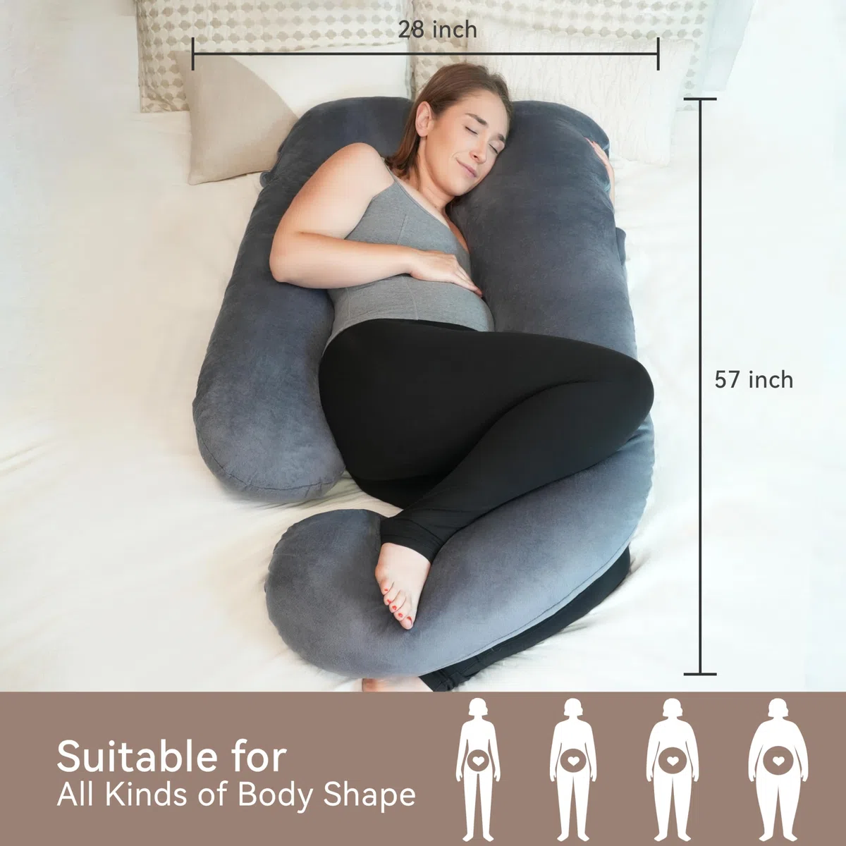 Cuscino Gravidanza,Cuscino Gravidanza per Dormire a Forma di U Supporto Maternità,Supporto per Schiena,Fianchi,Gambe, Pancia per Donne Incinte (Velluto Grigio)