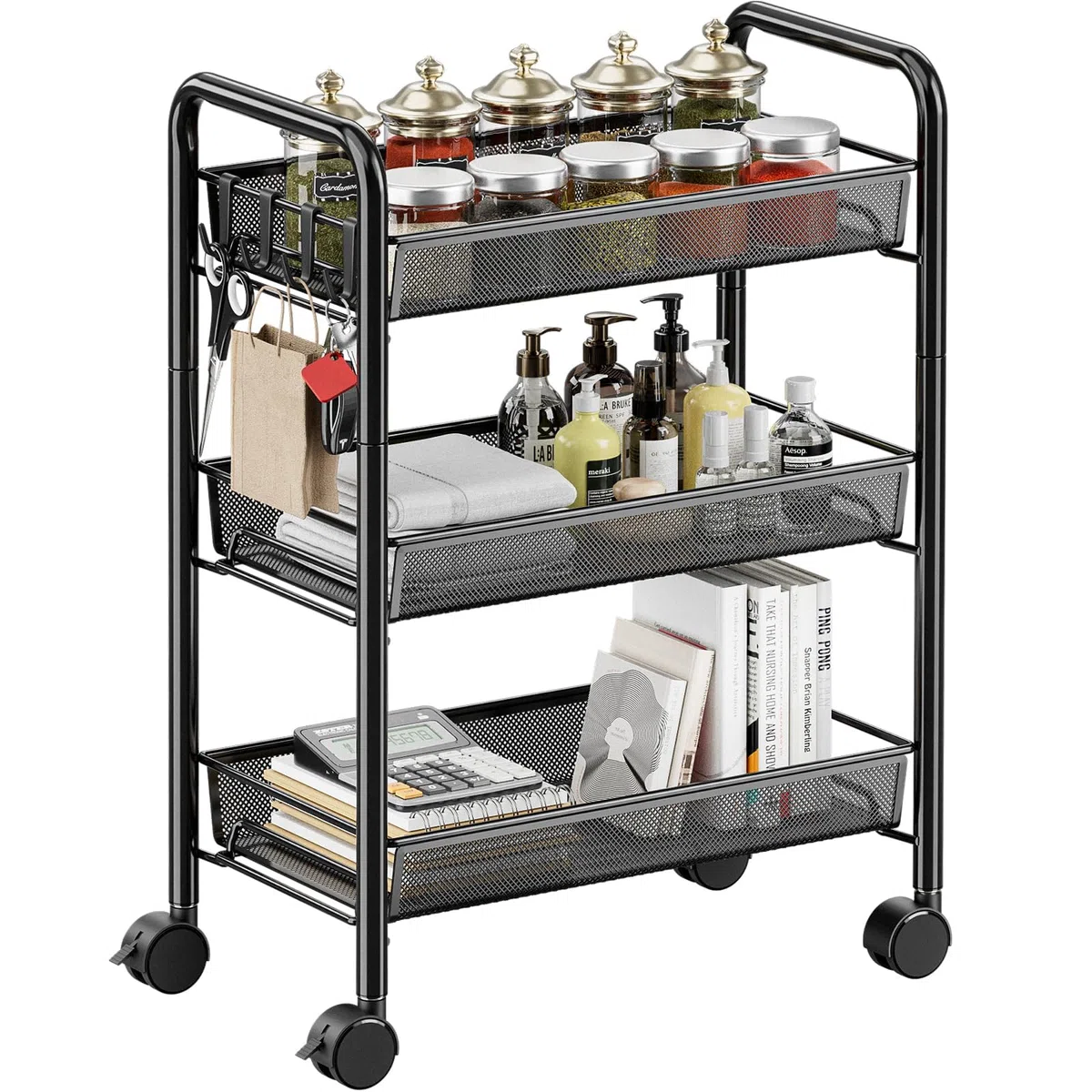 rge Cucina Storage Carts Rolling Cart Metallo Cucina Trolley su Ruote Cucina Trolley Utility Cart per Cucina Lavanderia Bagno Facile da Montare (Nero)