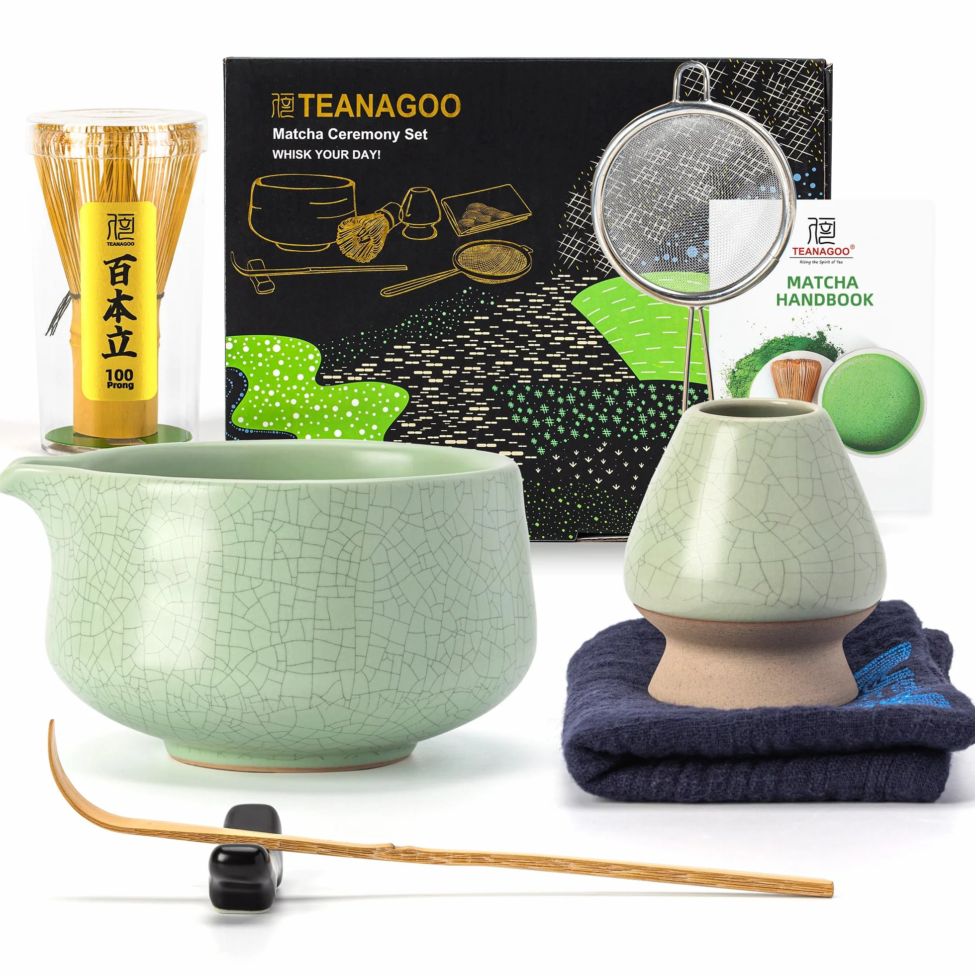 TEANAGOO MATCHA KIT verde, set da 7 pezzi, Matcha Set da tè matcha per preparare la colazione/latte, Idee Regalo di Eleganza per gli Amanti del Tè