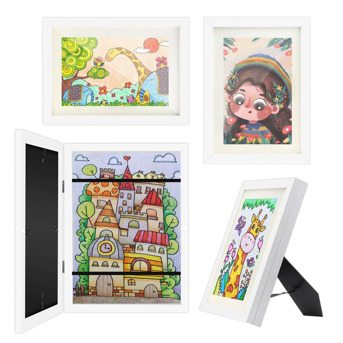 Cornice Porta Disegni per Bambini,2 pezzi Cornici Artistiche per Bambini Cornice A4 cornice pieghevole apertura frontale,Contiene Fino a 150 Opere d'arte Bordo in legno, Bianco