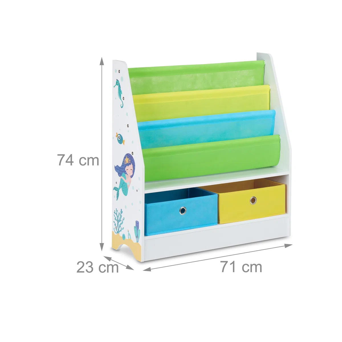 Relaxdays Porta Giochi Bambini, con Motivi Marini, 2 Scatole, 3 Scomparti, Scaffale Libreria, HLP 74x71x23 cm, Colorato