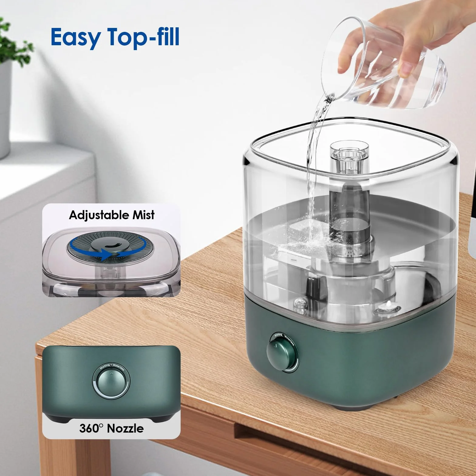 Umidificatore camera da letto 5 l, Vankarr Ultrasuoni 28 dB Silenzioso Air Humidifier TopFill Umidificatore per ambienti con ugello girevole a 360°, Aumenta l'umidità per cameretta dei bambini,