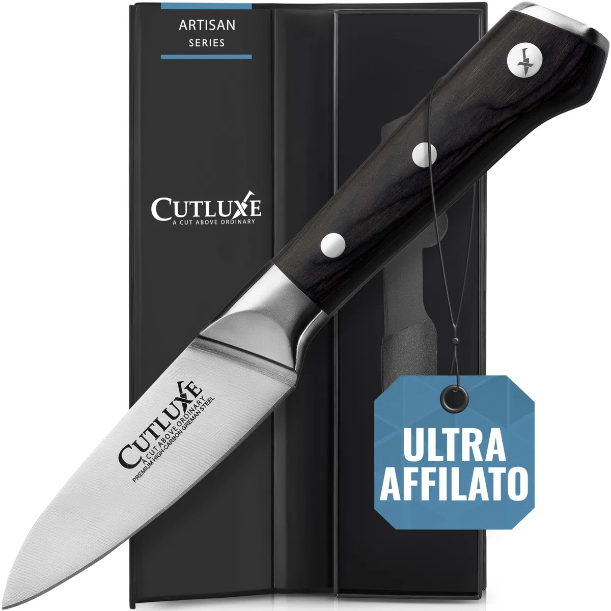 Cutluxe Coltello Spelucchino Professionale, 9cm, Coltello da Verdura per Sbucciare, Acciaio al Carbonio, Lama Affilata e Resistente, Artisan Series