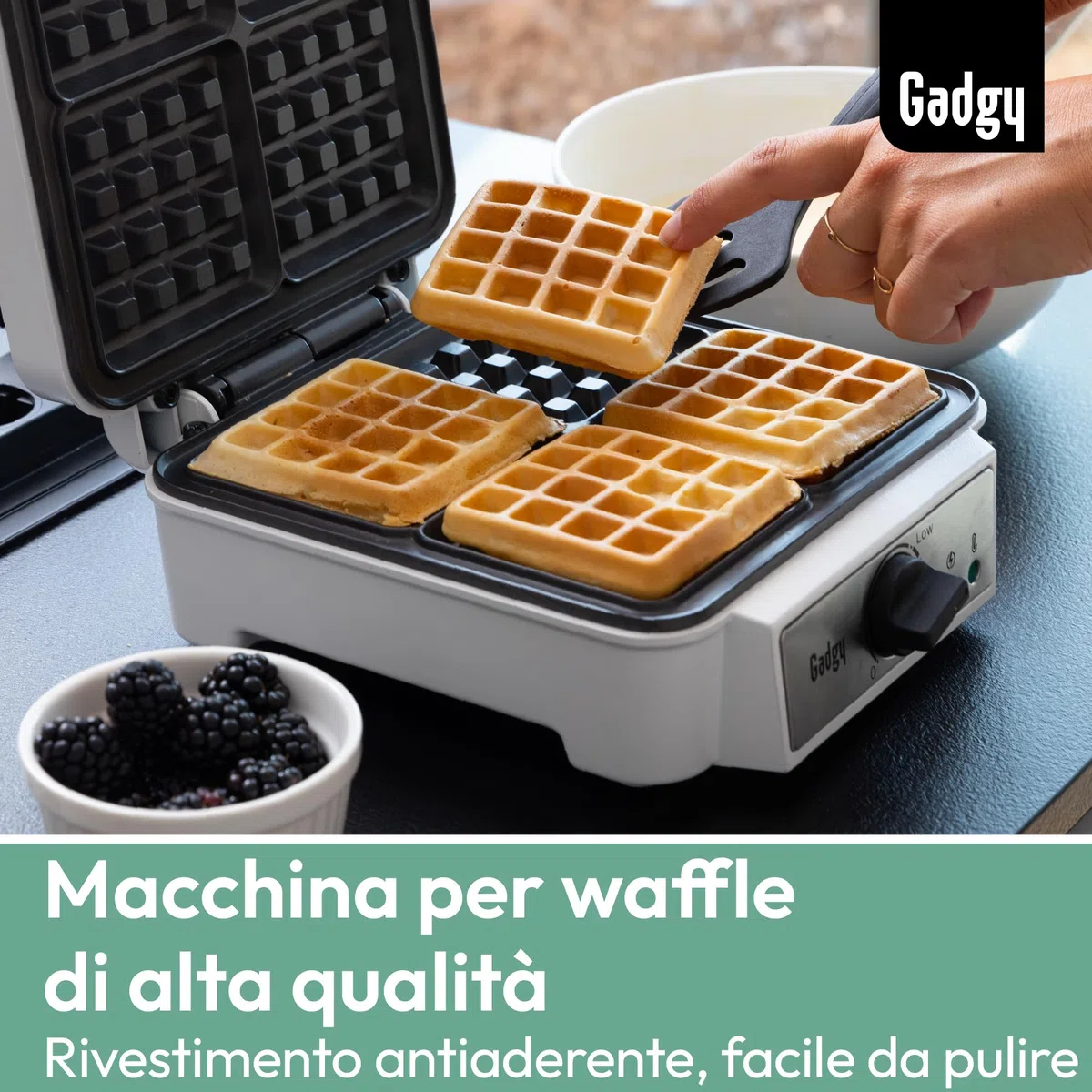 Gadgy Piastra Waffle 1200W – Macchina per Waffles con Rivestimento Antiaderente – Per 4 Cialde di Bruxelles 8x8cm – Waffle Maker Bianca – Facile da Usare e Pulire