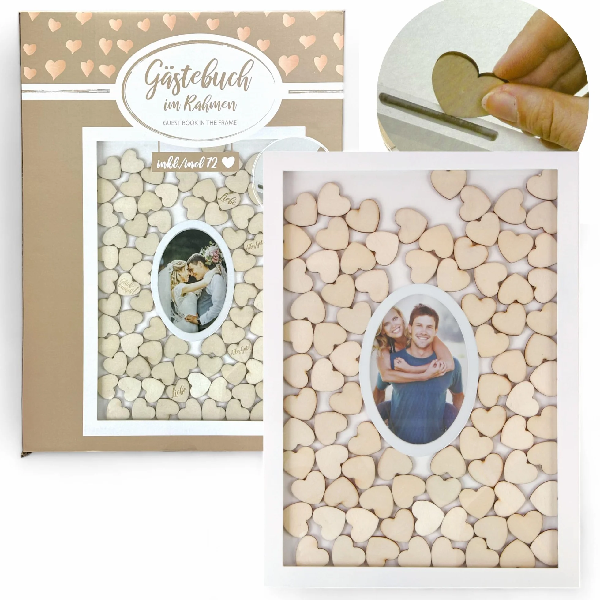 MIJOMA Libro degli ospiti - Cornice portafoto con 72 cuori in legno per matrimoni e feste, opere d'arte personalizzabili, bianco/naturale