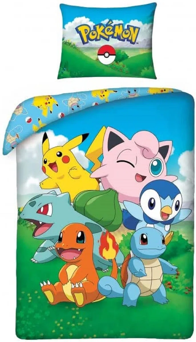 Halantex POKEMON PIKACHU - Set di biancheria da letto in cotone, copripiumino 140 x 200 cm e federa 70 x 90 cm - 100% cotone - Multicolore
