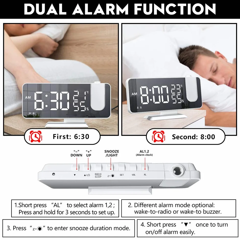 Sveglia a proiezione, sveglia digitale a LED con superficie specchio, porta di ricarica USB, ripetizione, doppio allarme, radio FM, modalità 3Dimming, umidità della temperatura, regolazione 12