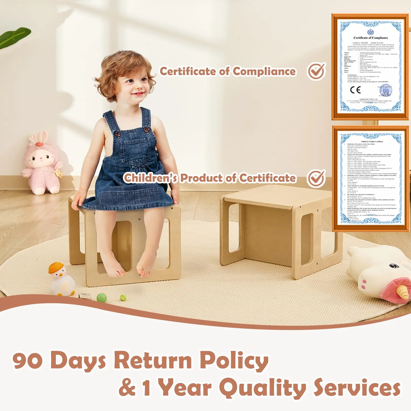 FUNLIO Sedia per lo svezzamento Montessori regolabile in altezza per età 1-3, sedia in legno massiccio di qualità, per mangiare/leggere/giocare, mobili Montessori con certificazione CPC - Naturale