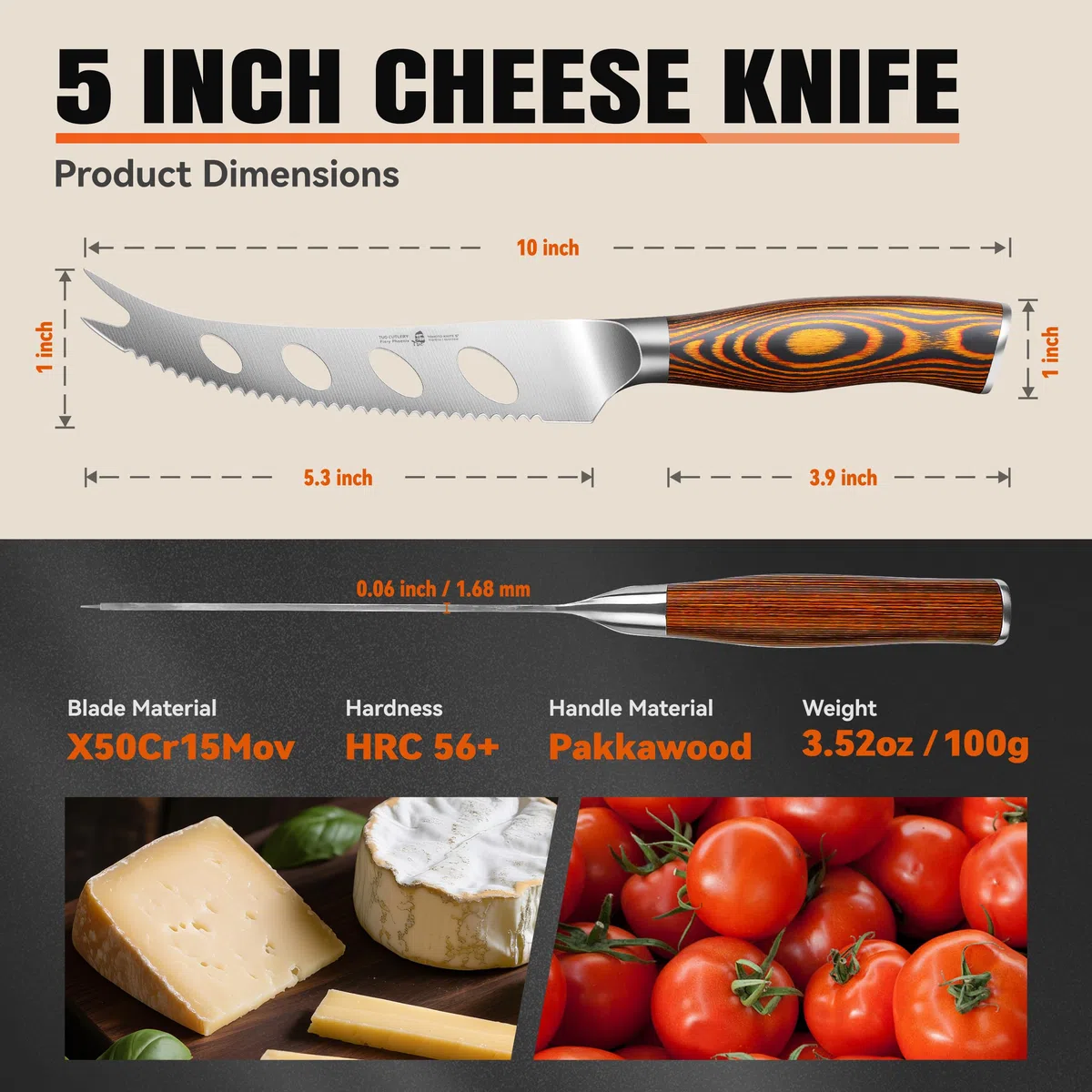TUO Coltello da Formaggio Coltello da Pomodoro 12.5cm Coltello per Frutta Professionali Coltello da Cucina Acciaio Inossidabile Tedesco con Impugnatura Ergonomica-Fiery Phoenix Series