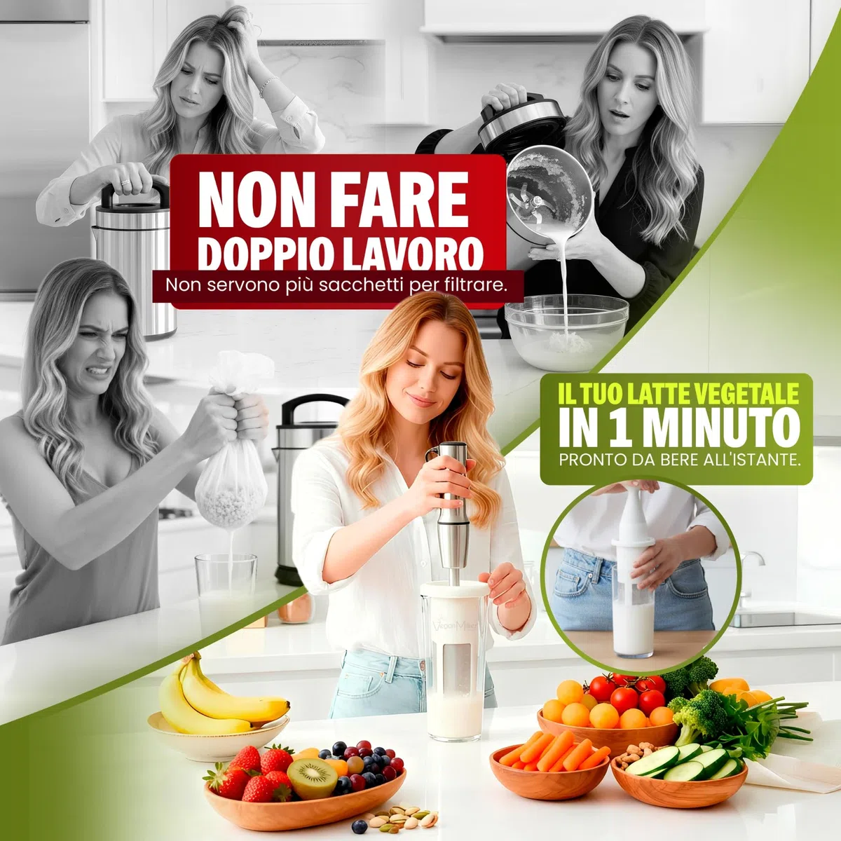 Vegan Milker Filtro Multifunzionale | Macchina per Latte Vegetale, Latte Avena, di Soia e Riso | 1L in 1 Minuto 100% Naturale con Filtro | Compatibile con Frullatore a Mano | Bianco Classico