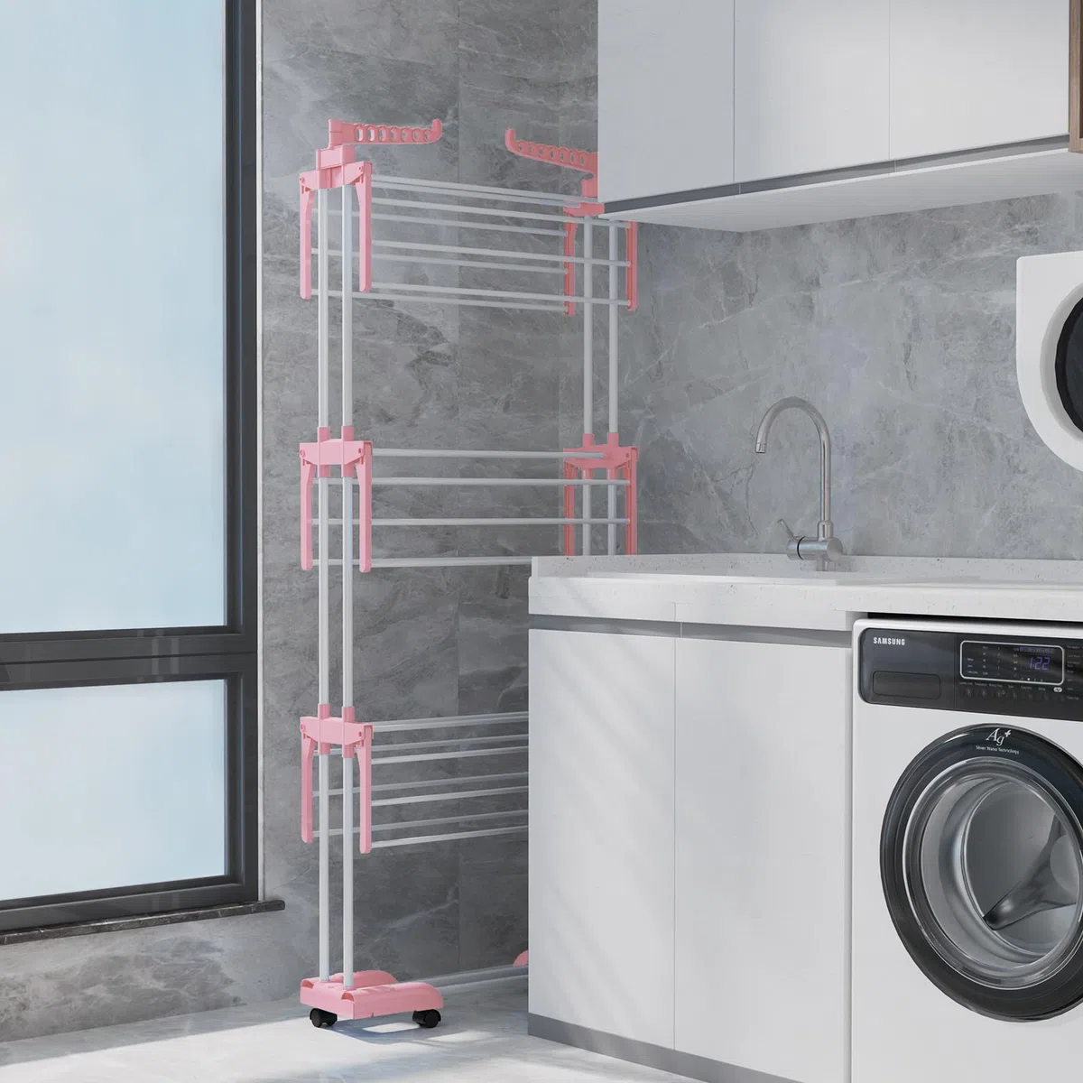 Innotic Stendino a 4 Livelli in acciaio inox, con Ruote Pieghevole Stendibiancheria Salvaspazio per uso Interno Esterno balcone, rosa+bianco
