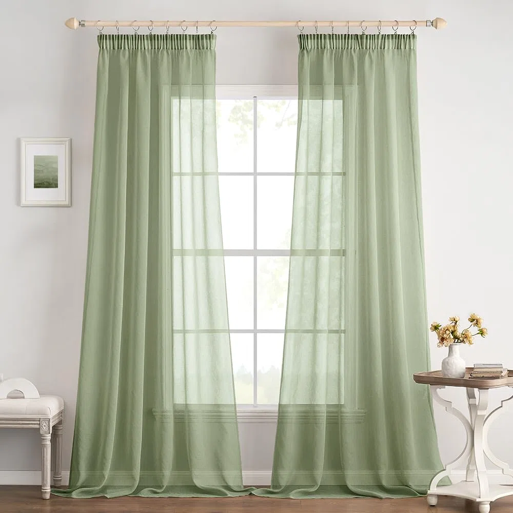EMEMA Sheer - Set di 2 tende in voile, con fettuccia arricciata, trasparenti, in voile, poliestere, trasparente, per soggiorno, camera da letto, 140 x 260 cm (larghezza x altezza), colore verde salvia