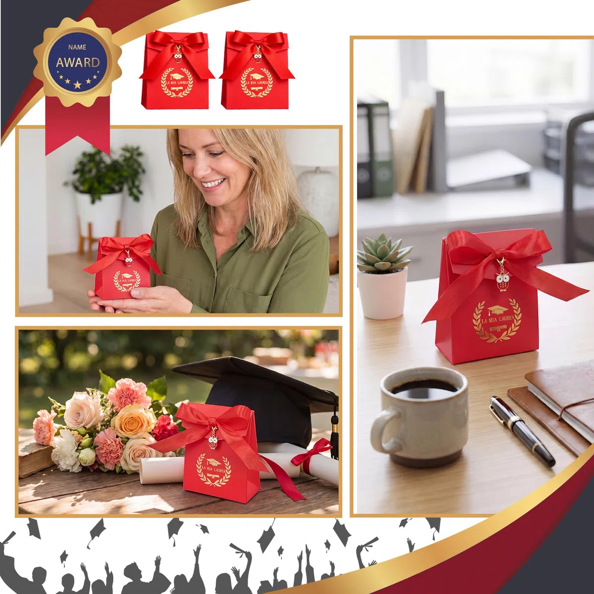 BBTO 50 Sets Scatoline Portaconfetti Laurea 50 Portachiavi Portafortuna 50 Scatoline Portaconfetti 50 Bigliettini Bomboniera 1 Nastro Regalo per Festa Cerimonia Decorazione(Gufo)