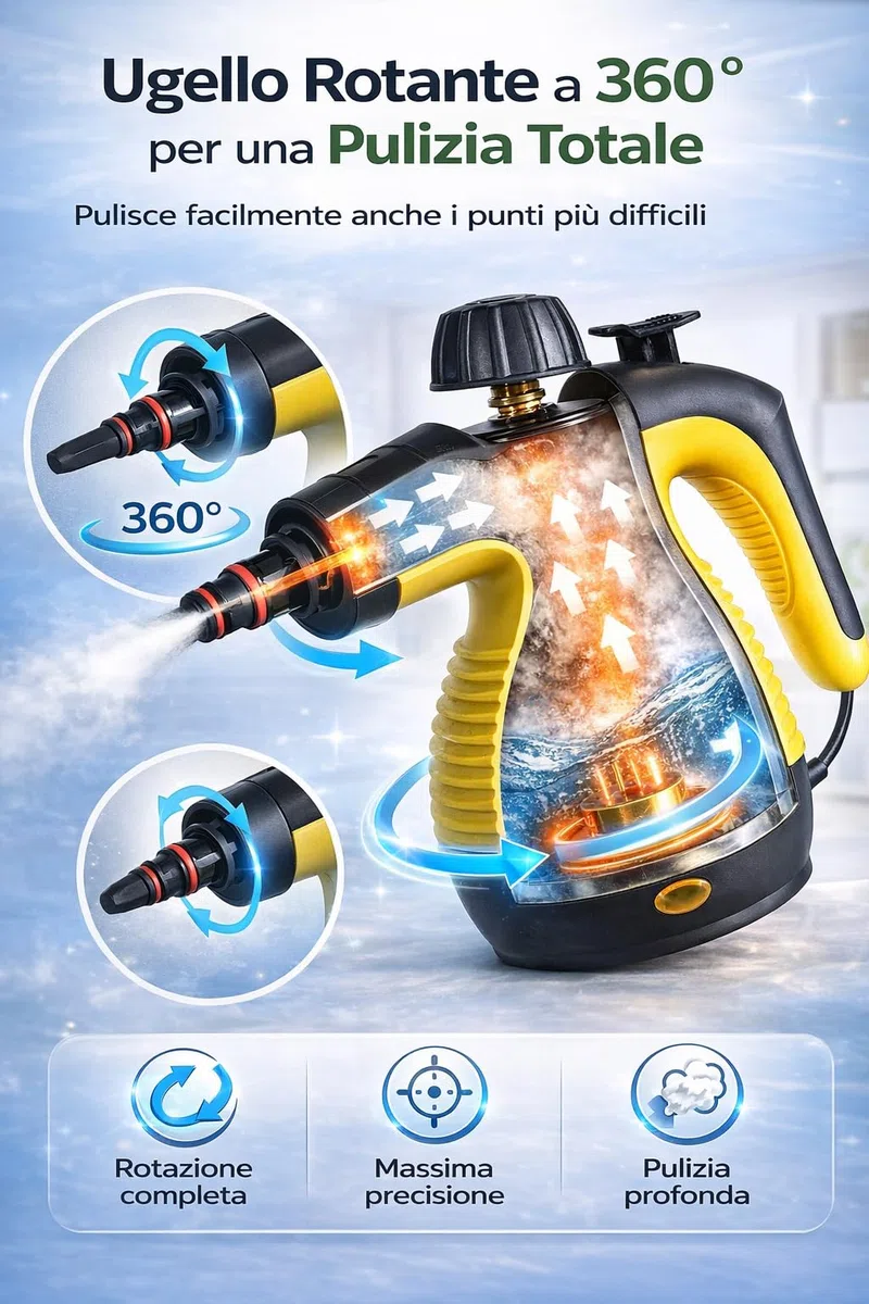 Pulitore a Vapore Portatile Alta Pressione, 1050W, Riscaldamento Rapido 3-5 Min, Kit 6 Accessori, Pulizia Profonda per Casa, Cucina, Bagno, Auto