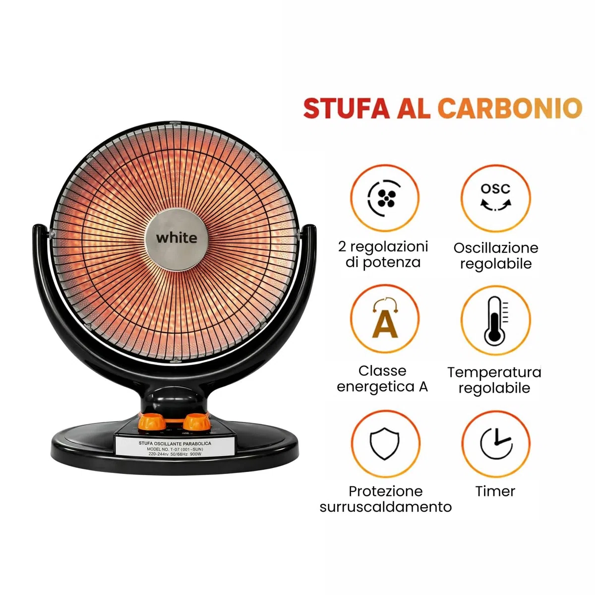 BRIGROS La voglia di fare, White - stufa al carbonio con palo allungabile elevata efficienza energetica e alto calore struttura a parabola con filamento di carbonio e base solida (Da pavimento)