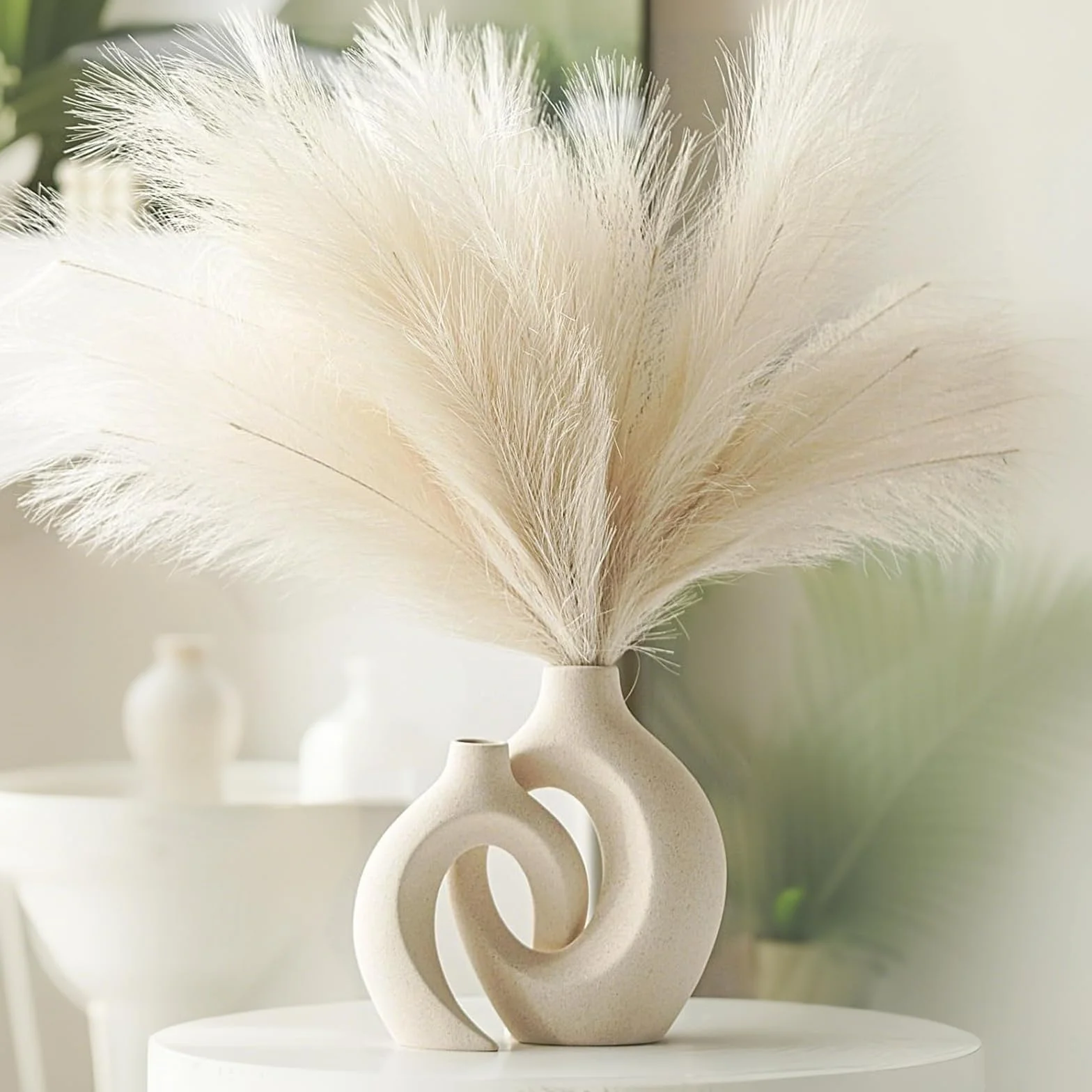 Set di 2 Vaso Cavi in Ceramica, Vaso Decorativo da Interno Moderno Beige per Nordico, Arredamento Casa Vasi di Fiori Estetici Boho Rotondi per Casa, Decorazioni Casa Vase, Beige