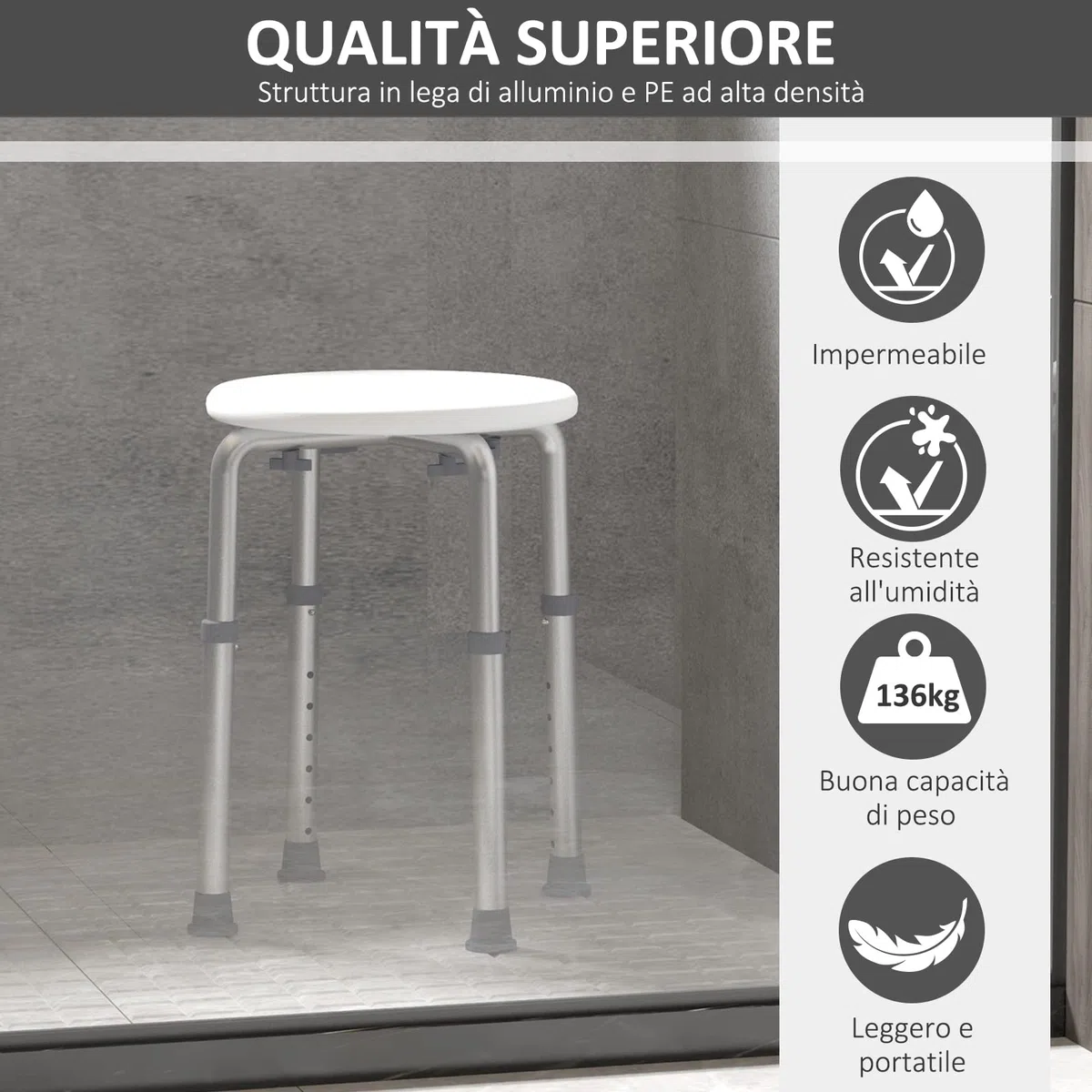 HOMCOM Sgabello da Doccia Girevole a 360° con Piedini Antiscivolo e Regolabile in Altezza su 8 Livelli, Sgabello per Doccia in Alluminio e PE, 32.5x41x35.5-54 cm, Bianco