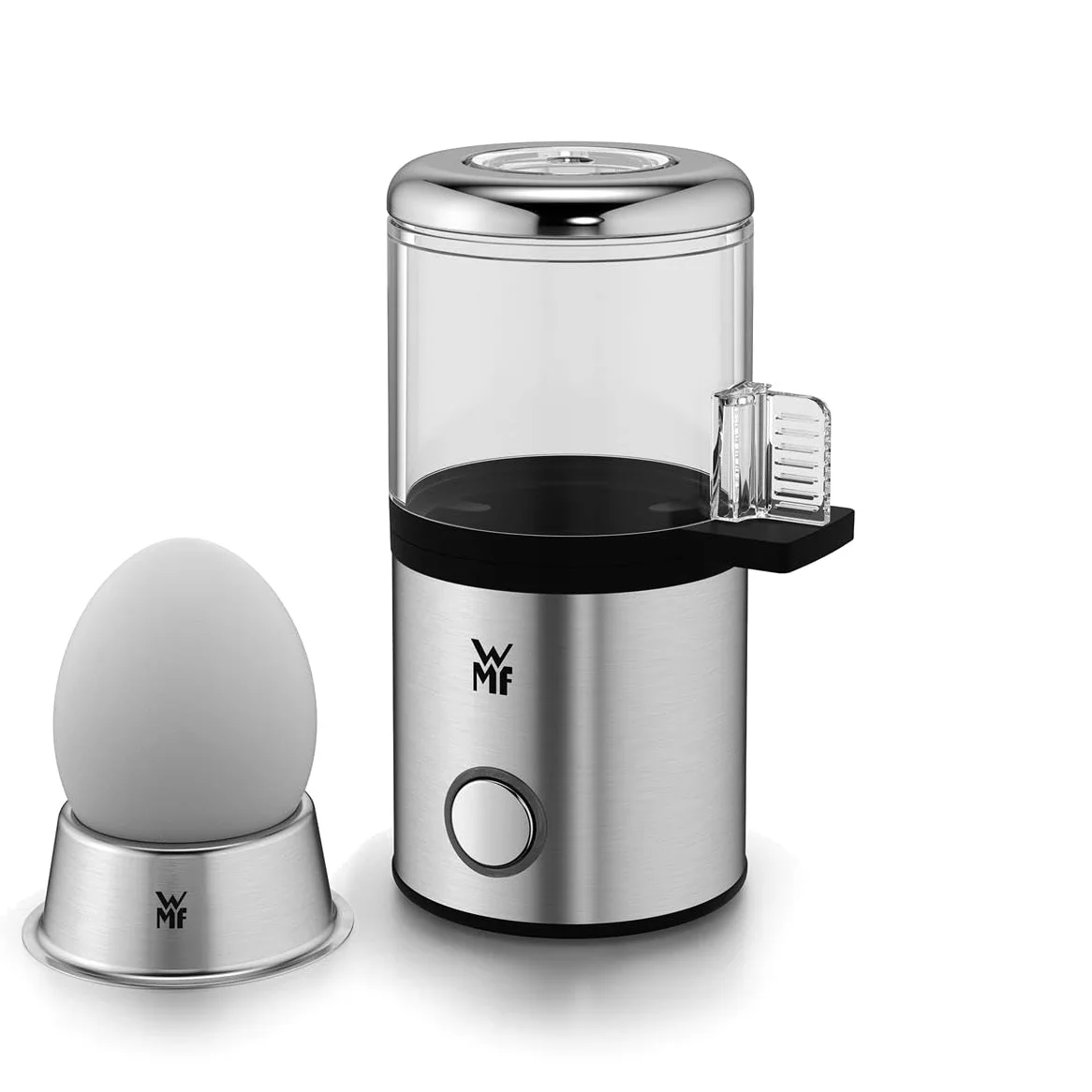 WMF KitchenMinis Cuociuova Elettrico in Acciaio Inox 18/10 Cromargan, con Misurino, Pungiuova e Portauova, Segnale Acustico e Coperchio in Tritan, Potenza 56W, Finitura Satinata Opaca