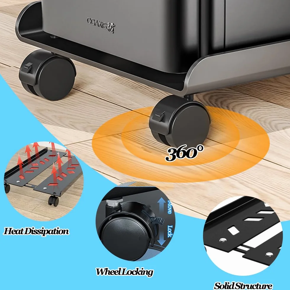 Supporto per PC Case Stand, Supporto per PC Case con 4 Rotelle, Regolabile Computer CPU Holder con Autoadesivo Clip Cavo, Adatto alla Maggior Parte dei Computer, Nero
