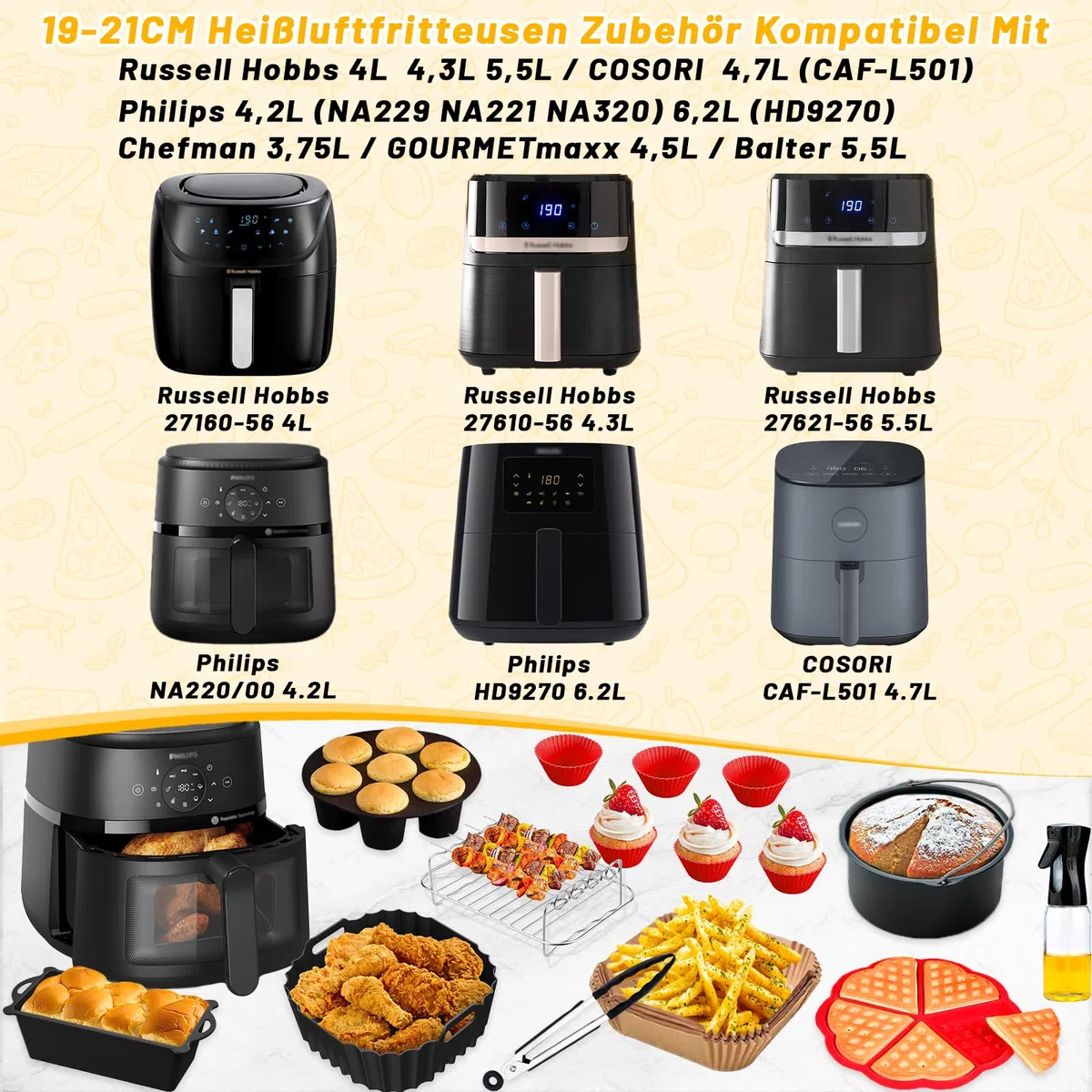 Stampo in silicone Air Fryer - Accessori Air Fryer per Russell Hobbs 4 l, 4,3 l, 5,5 l, Philips 2000 Series NA220 NA229 4,2 l HD9270 6,2 l, con carta oleata, stampo per torta, spray per olio, griglia