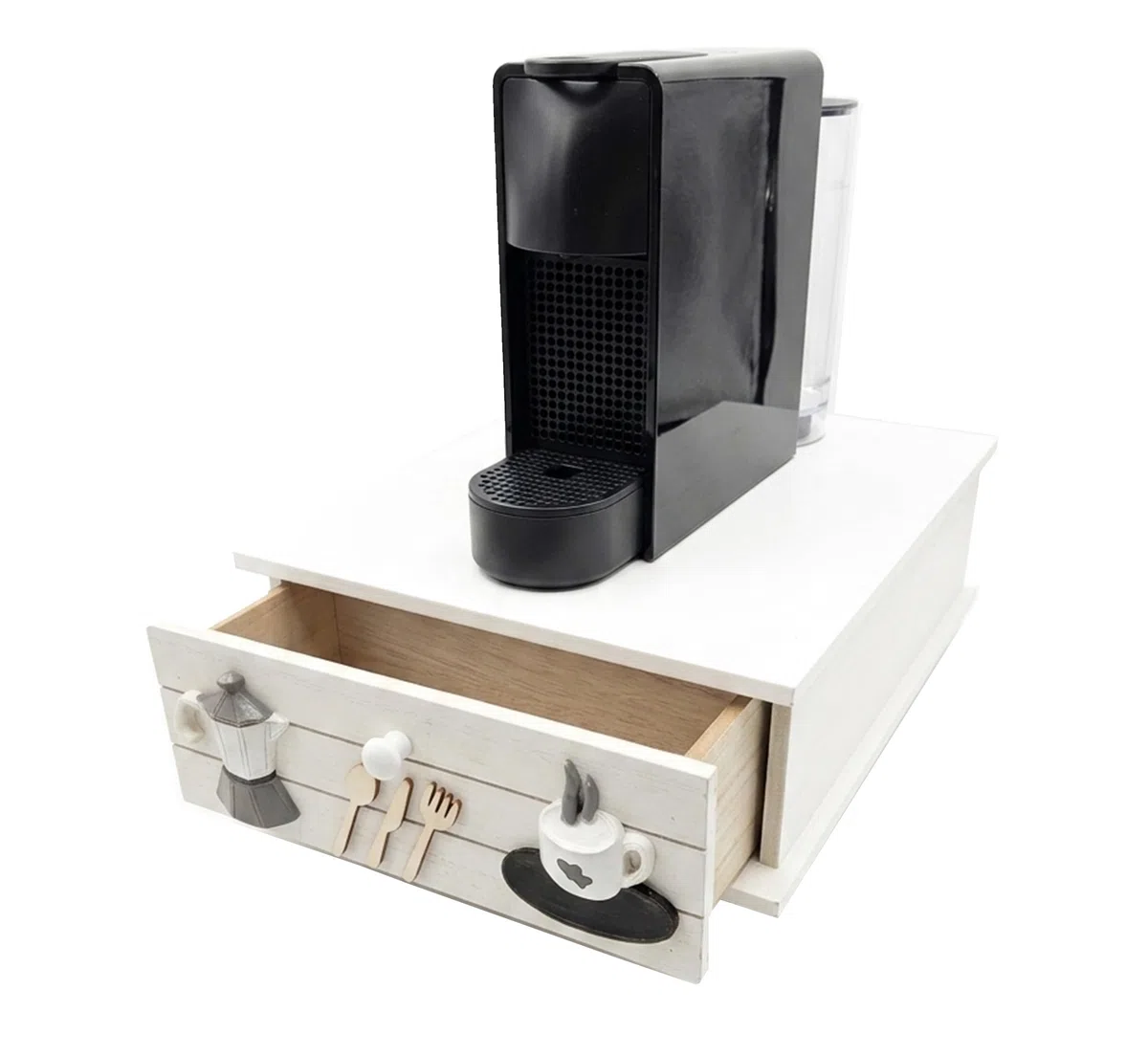 Cassetto Porta Cialde e Capsule Caffè in Legno, Base per Macchina Espresso, 33x27x11 cm, Cassettiera Salvaspazio Contenitore Box 3 Scomparti, Design Shabby Chic con Decorazioni 3D (Bianco)