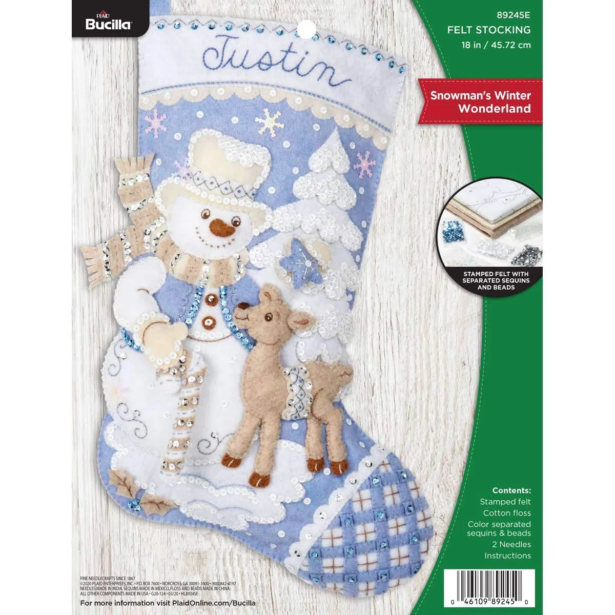 Bucilla 89245E - Kit per calze di Natale con applicazione in feltro, pupazzo di neve, 45,7 cm