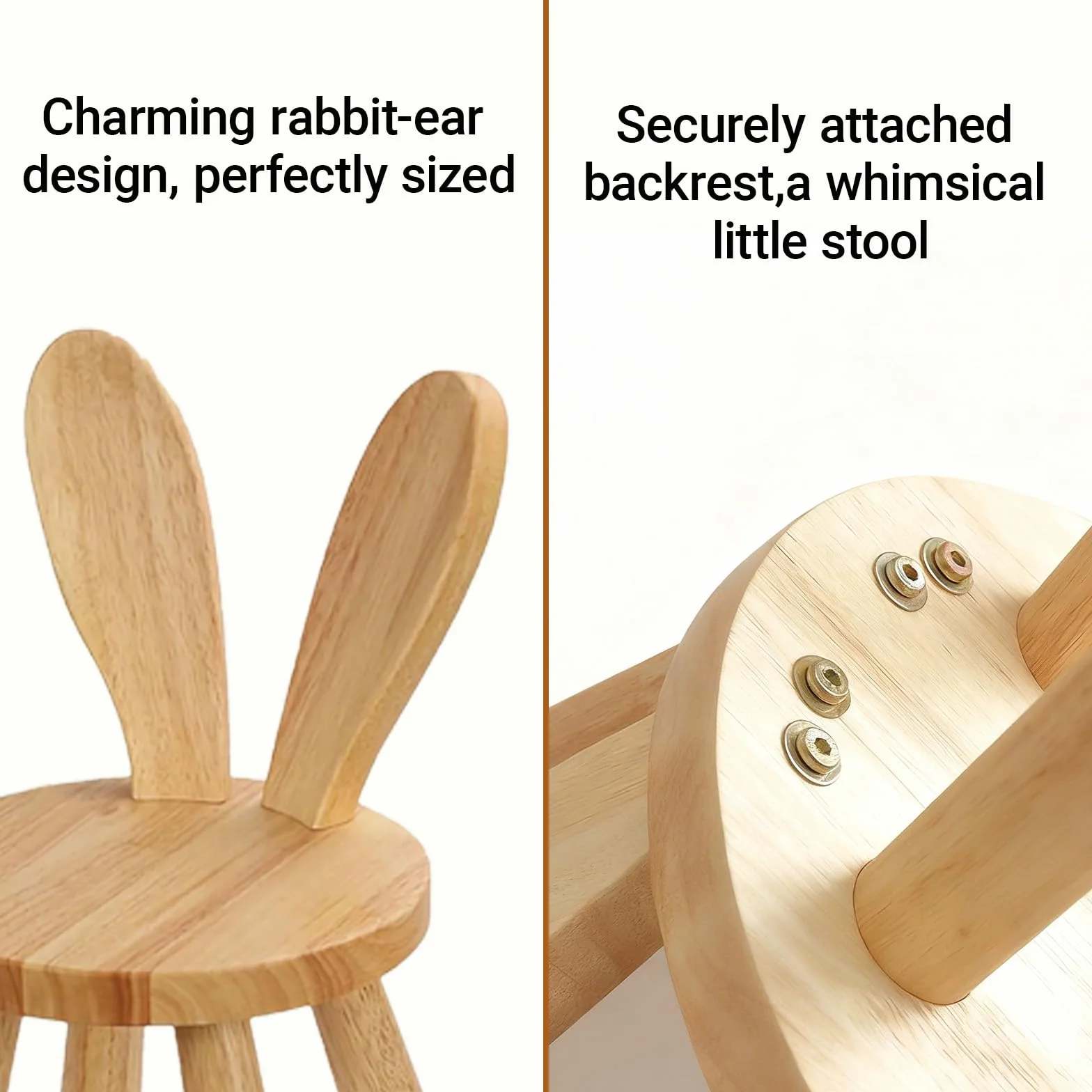 Sgabello Bambini in legno dai 3 anni in su, in legno massiccio, sedia bambini per cameretta dei bambini, 45 x 26 cm, con orecchie di coniglio, schienale per bambini, in legno, per mangiare, leggere