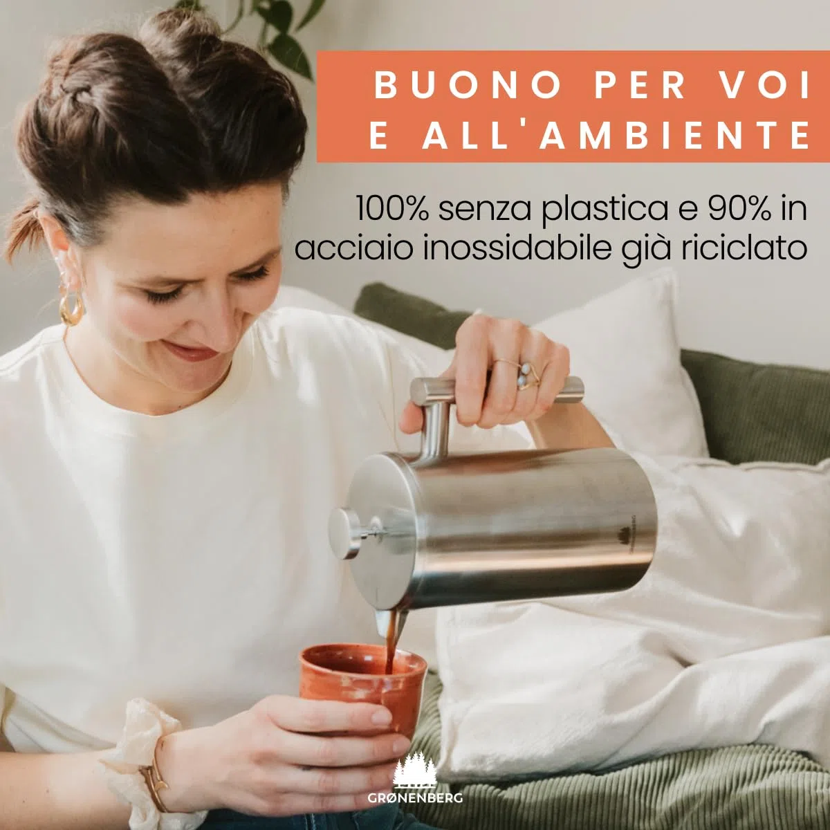 Groenenberg French Press 350ml (2 Tazze) l Caffettiera francese in acciaio inox l Caffettiera pistone con filtri di ricambio e funzione termica