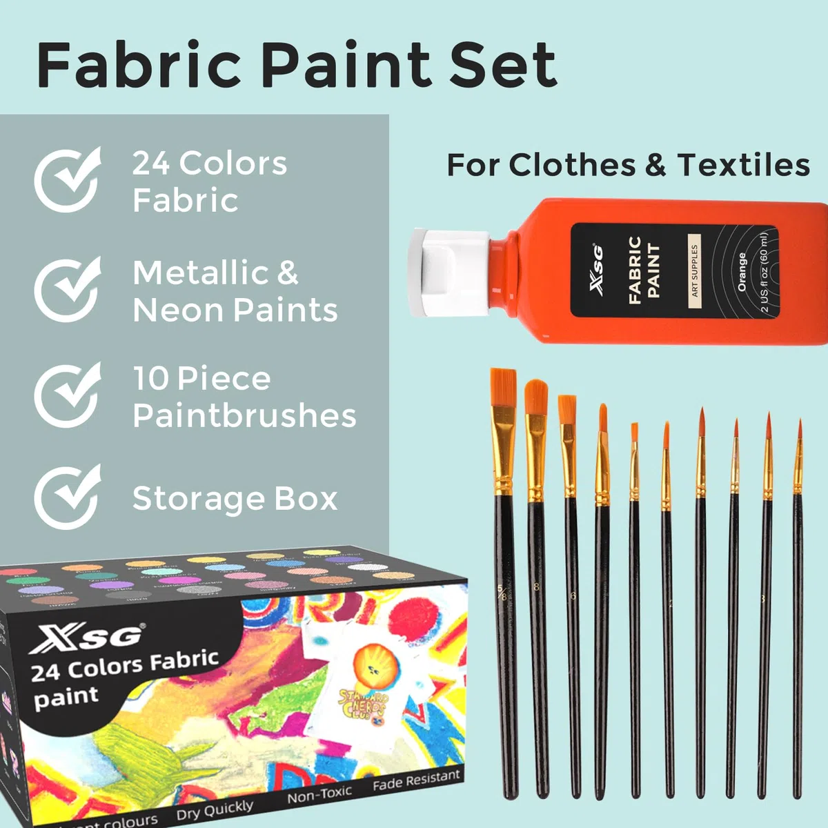 XSG 24 colori colori per tessuti in bottiglie (60 ml/2 oz) con pennelli, tavolozza, stencil, vernici tessili atossiche per magliette, scarpe, borse, jeans, non necessita di riscaldamento