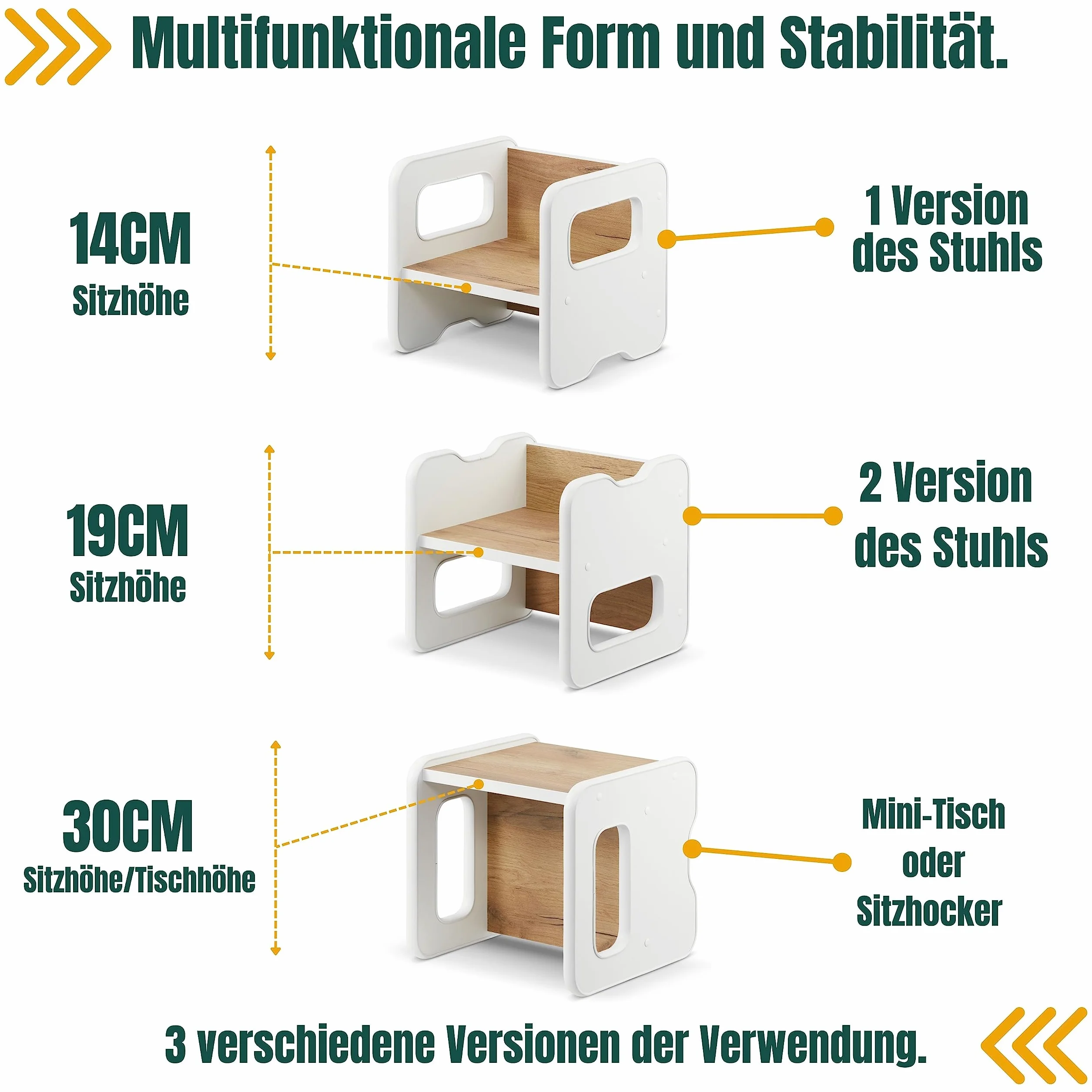 defiPad Sgabello per bambini | sgabello elegante double face | Poltrona per bambini da 1 anno | Sedia per bambini in legno | Sedia trasformabile in tavolo | (Bianco + Rovere)