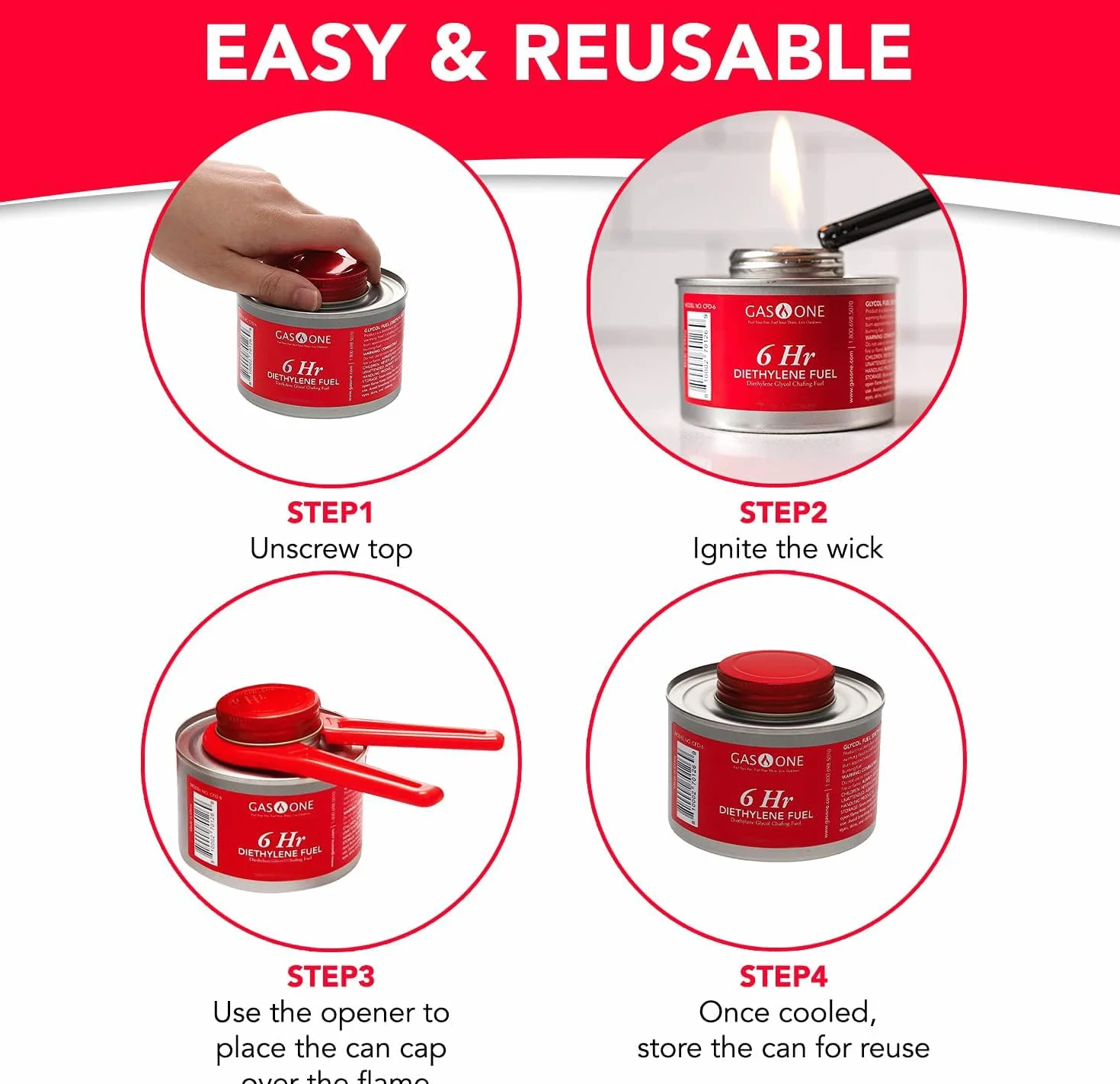 GASONE CFD-6-6 Gas One 6 PK – 6 Ore di Cottura stoppino Liquido Sicuro sfregamento Carburante & Coperchio apribottiglie per scaldavivande