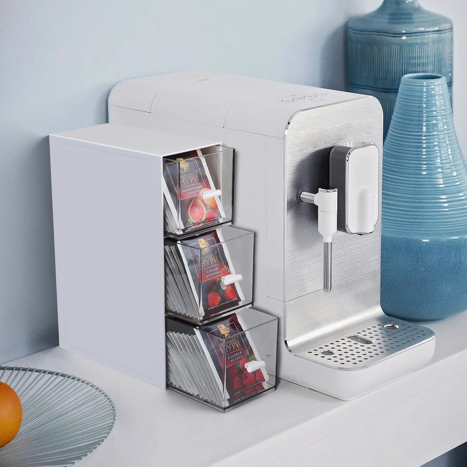 efuturetime 4 Pezzi Scatola da Tè con Cassetti 22,6x16,5x7,7cm Porta Tisane Bustine di Plastica Impilabile, Contenitore per Bustine di Tè per Capsule di Caffè, Infusi, Bianco