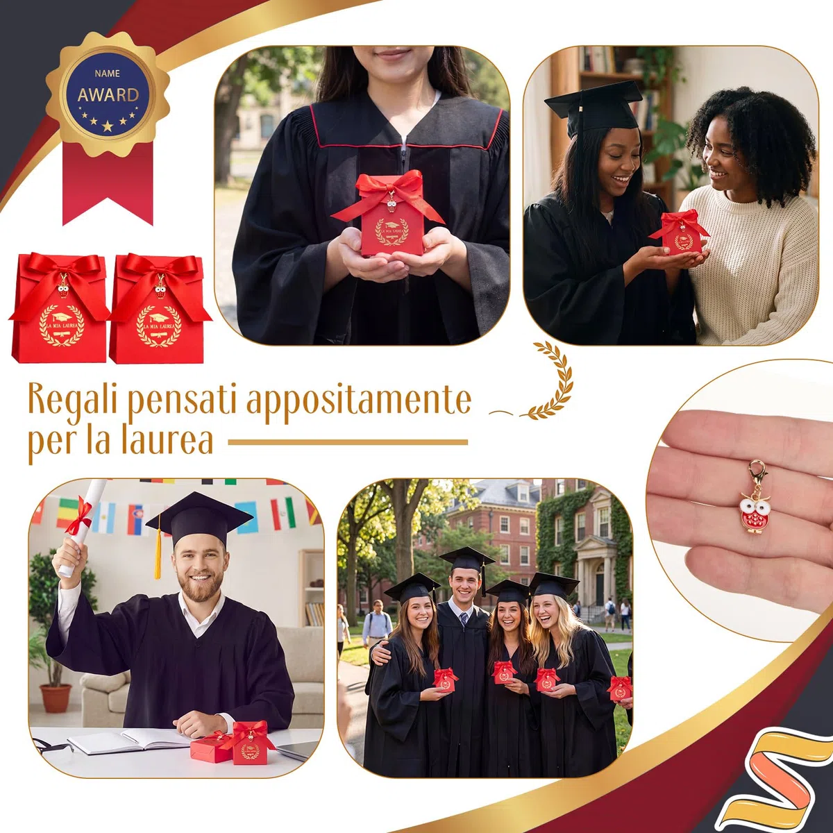 BBTO 50 Sets Scatoline Portaconfetti Laurea 50 Portachiavi Portafortuna 50 Scatoline Portaconfetti 50 Bigliettini Bomboniera 1 Nastro Regalo per Festa Cerimonia Decorazione(Gufo)