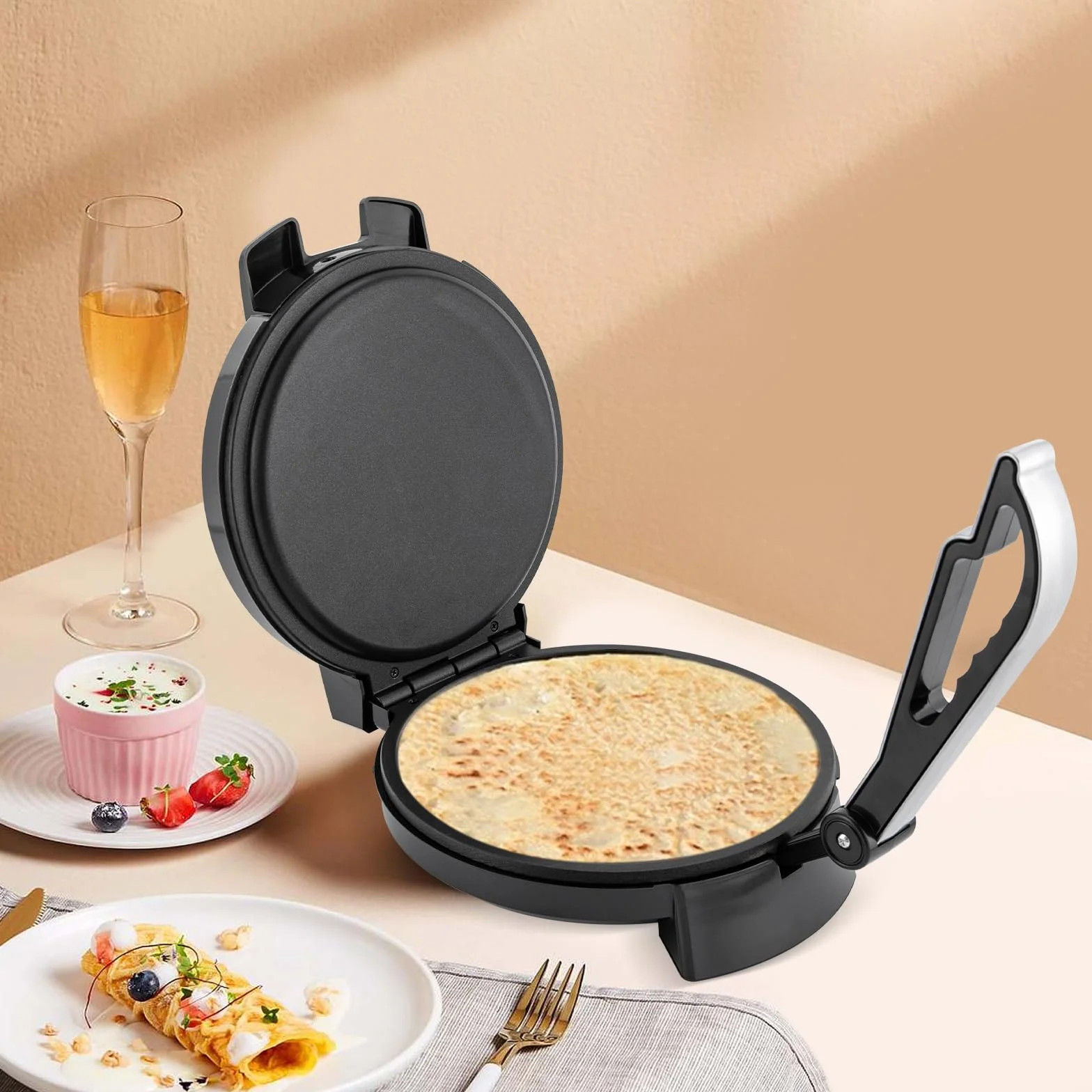 Roti Maker, 1200 W, riscaldamento elettrico a doppio lato in acciaio inox Tortilla Maker, pressa per farina di mais, rivestimento antiaderente, regolazione della temperatura, per tortillas,