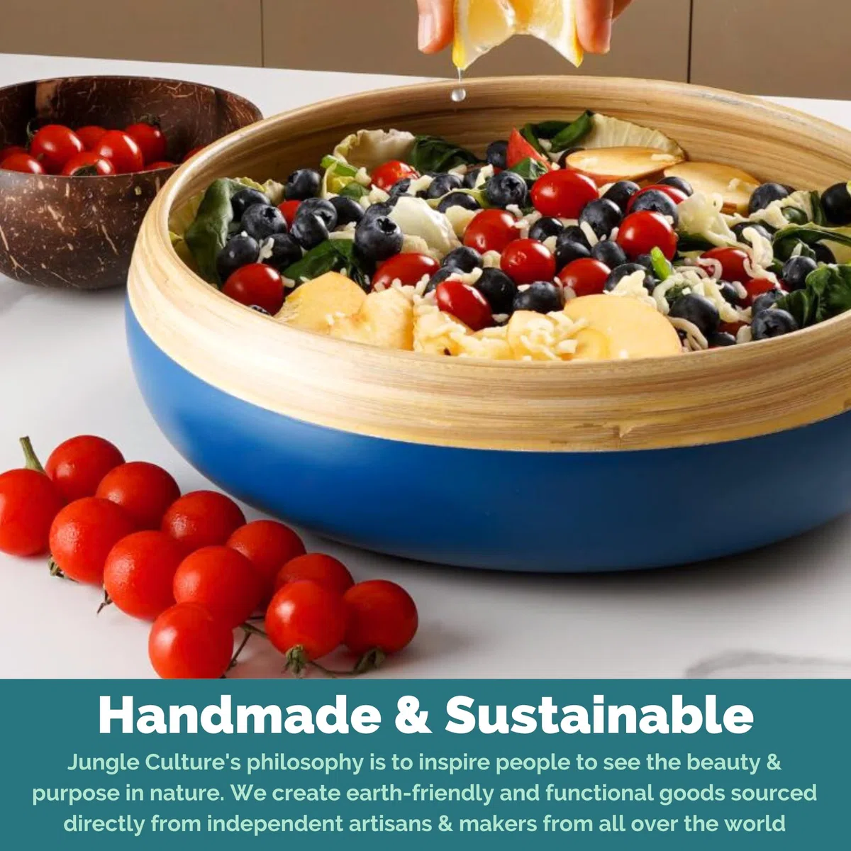 Jungle Culture Grande ciotola per frutta in bambù • Ciotoline per insalata in legno rispettose dell'ambiente • Elegante ciotola per frutta o insalata fatta a mano in blu • Cestino per il pane in legno