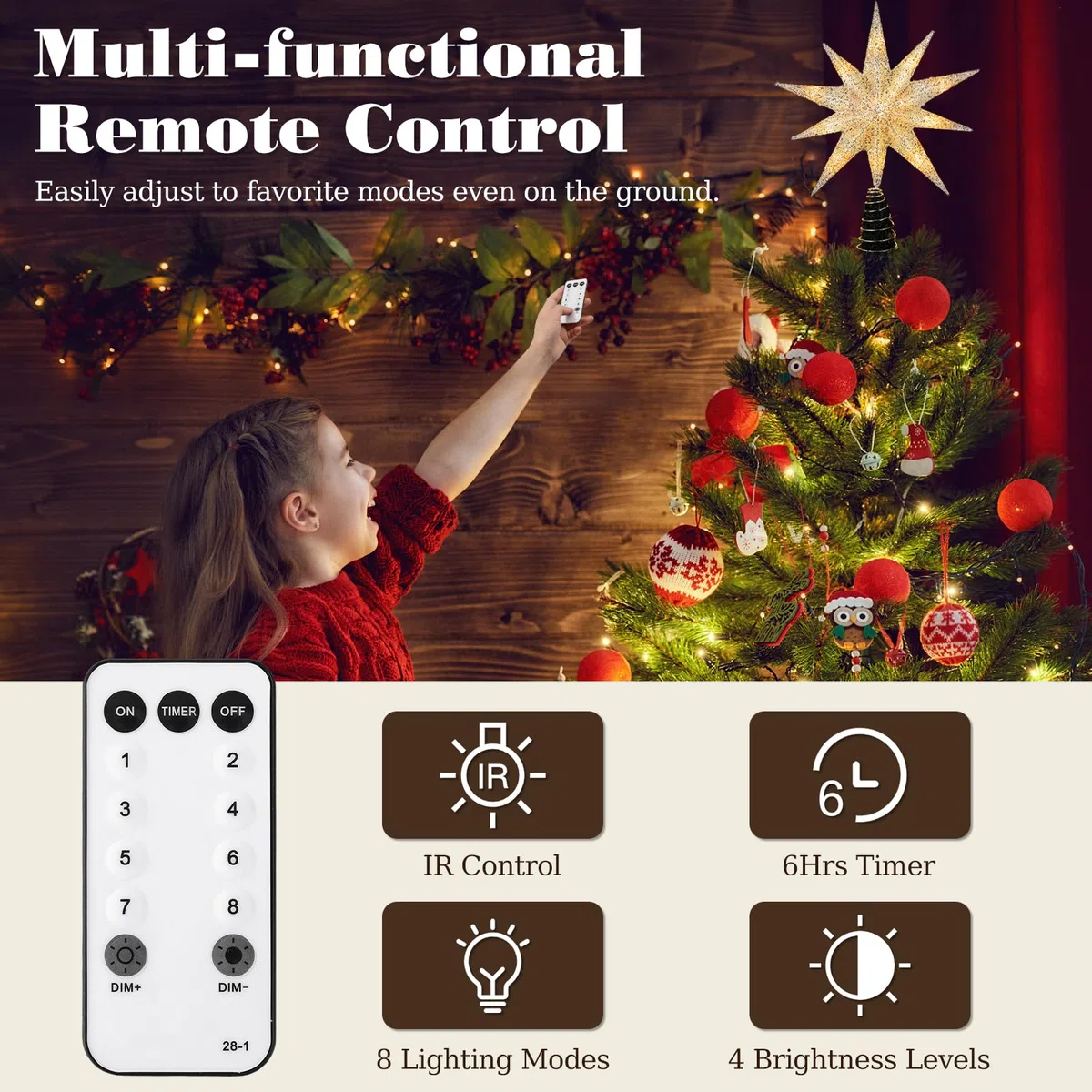 Lewondr Stella Cima per Albero di Natale,13" Stella Natalizia a 10 Punte Illuminata con Alimentazione a Presa e Telecomando per Decorazioni Natalizie,Timer 6H&8 Modalità Illuminazione, Luce Calda