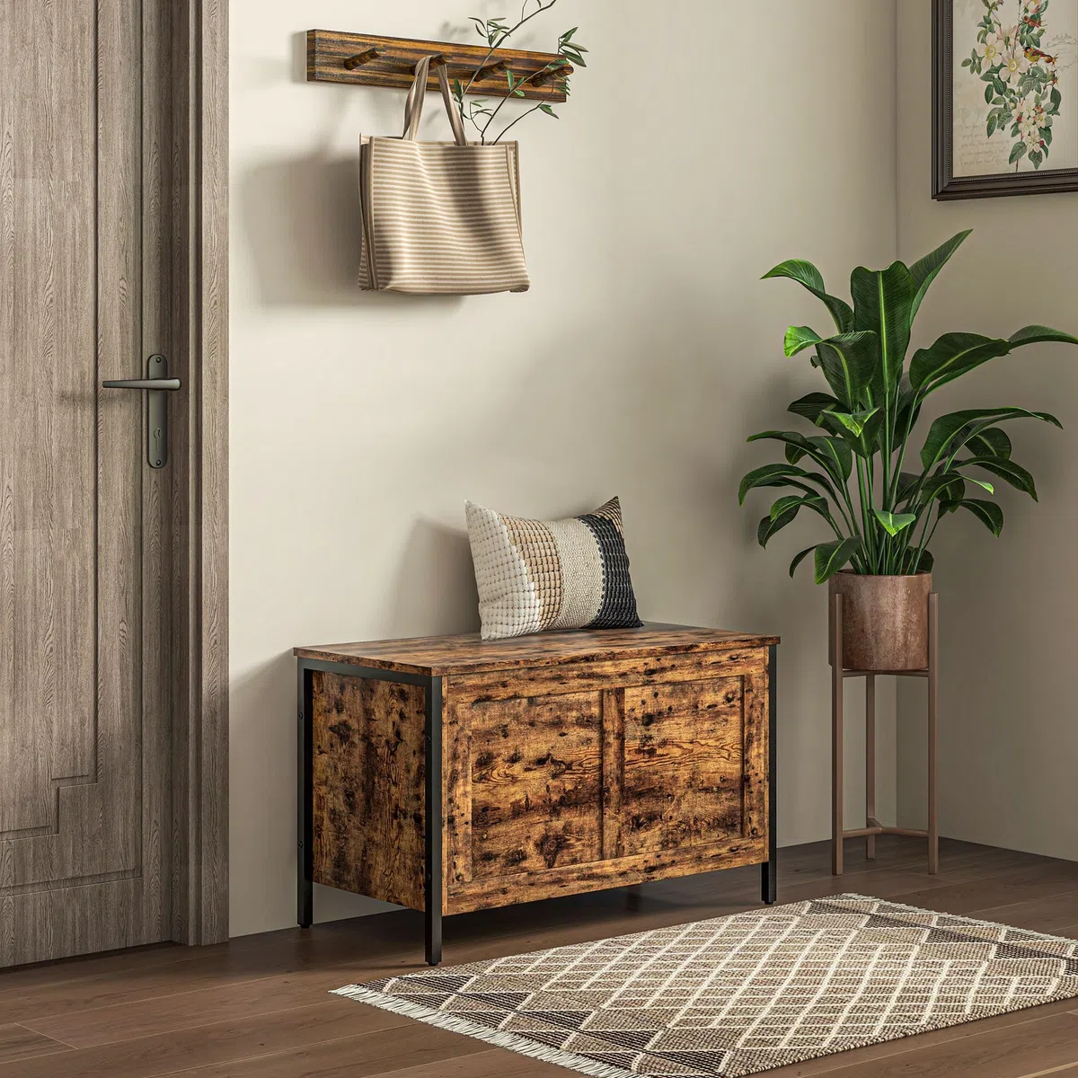 HOMCOM Cassapanca da 95L in Stile Industriale con Coperchio con Cerniera di Sicurezza, Panca Contenitore Multiuso per Salotto e Ingresso, 80x40x49cm, Marrone Rustico