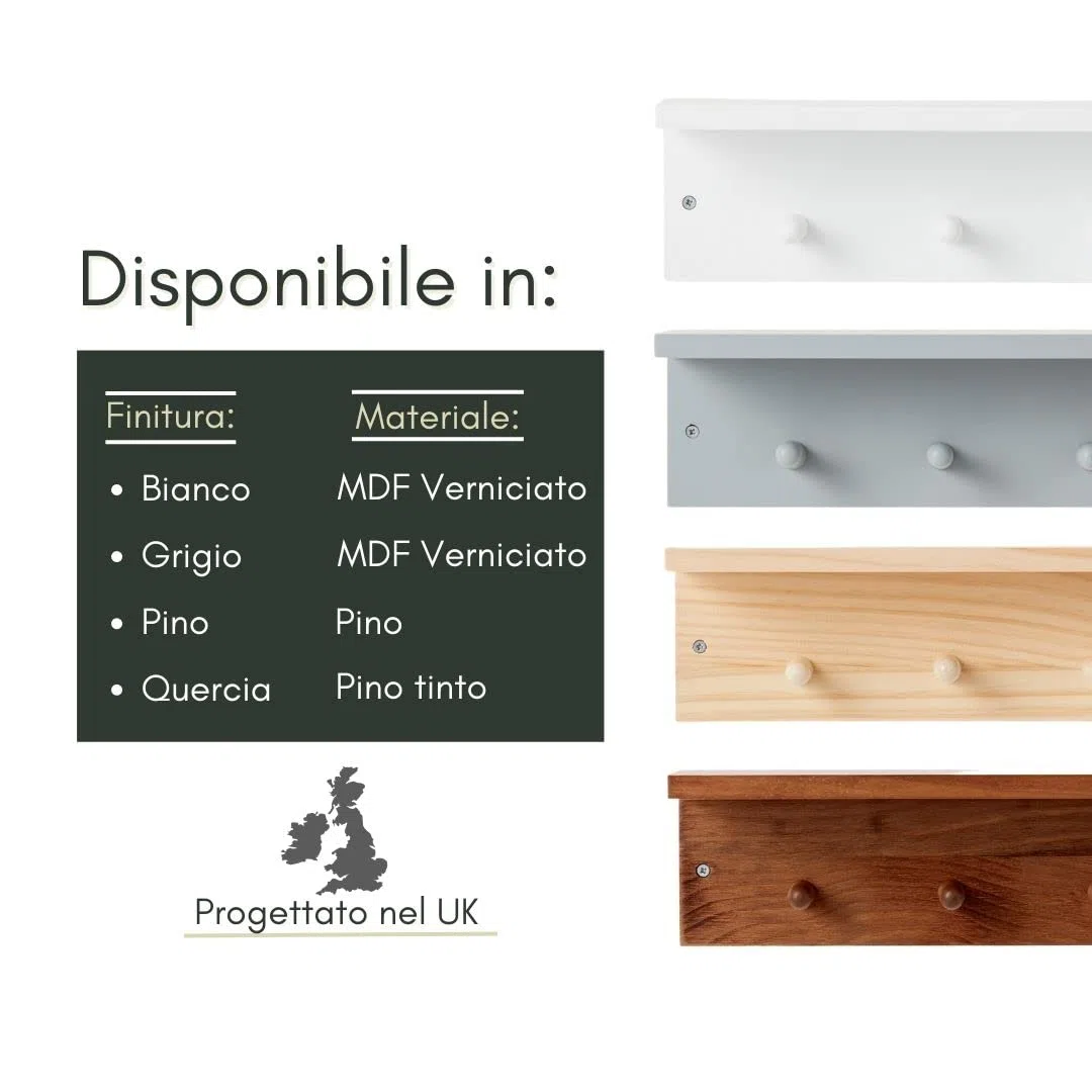 Haus Projekt Appendiabiti da Parete con Mensola, 7 Ganci, Bianco, Mensole da Muro Legno, Attaccapanni, Mensole Bagno, Scaffale da Parete, Mensole Cucina Portaspezie, Appendi Chiavi, 72 x 11,5 x 11,5