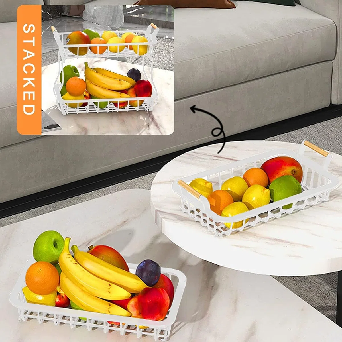 BestAlice Cesto Portafrutta a 2 Livelli per Piano di Lavoro della Cucina, Cestini per Il Pane Portafrutta Supporto per Verdure con Manico in Legno, Cesto in Filo Metallico Staccabile(Bianco)