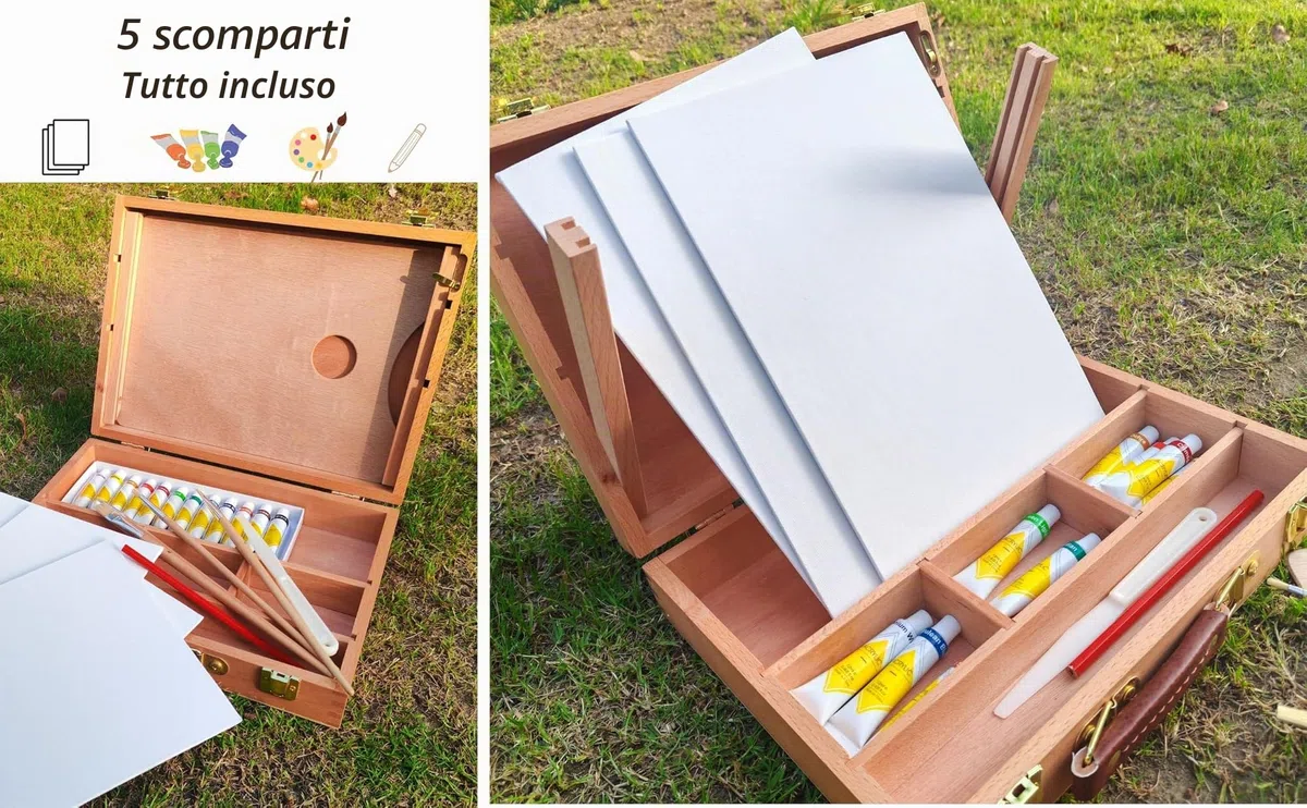 Artme Set in legno per pittura e cavalletto di qualità superiore con 23 pezzi-Cavalletto da tavola/ 3 pannelli/12 pittura acrilica/ 4 pennelli/matita/spatola in plastica/tavolozza in legno