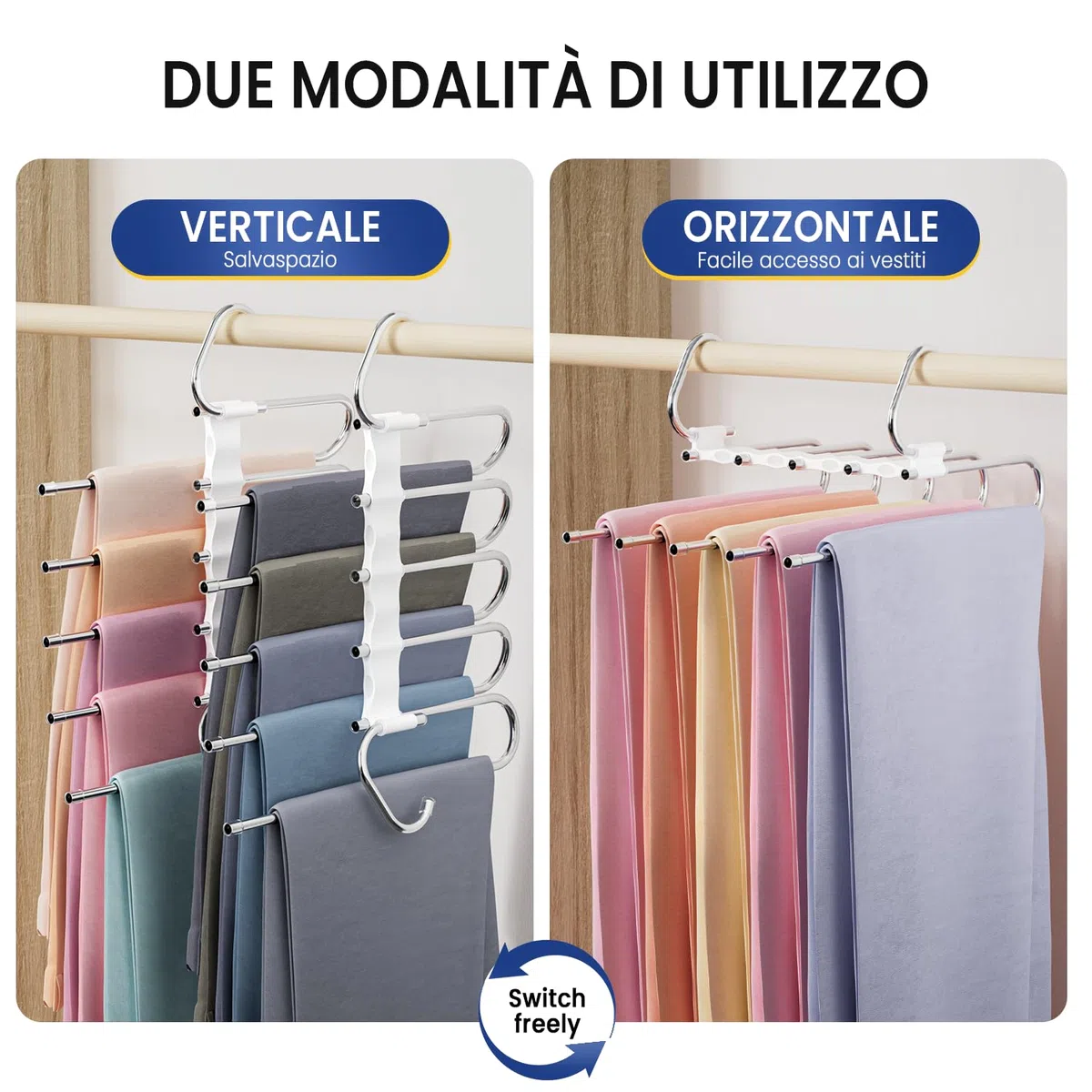 DAMITA Grucce Pantaloni Salvaspazio Appendiabiti Porta Pantaloni 4 Pezzo 5 in 1 Bianco per Armadio Appendini Multifunzionali Nessuna Installazione Adatto per Donne e Uomini Jeans Sciarpe Vestiti
