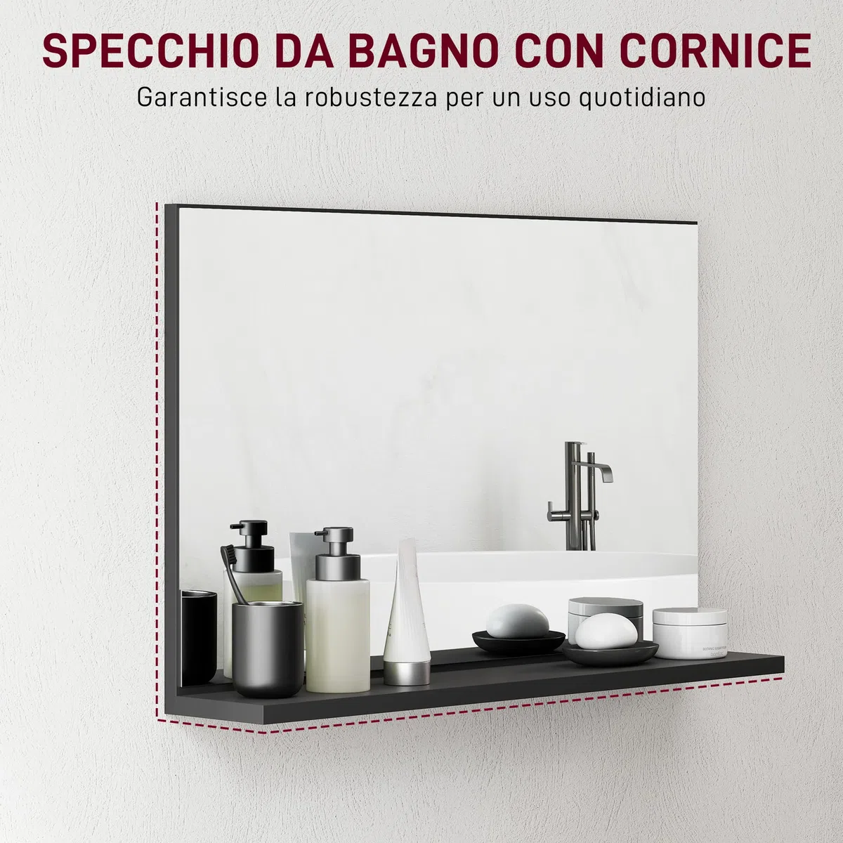 kleankin Specchio Bagno da Parete con Mensola, Specchiera Moderna Multiuso per Bagno, Camera e Ingresso, 60x12x40 cm, Nero